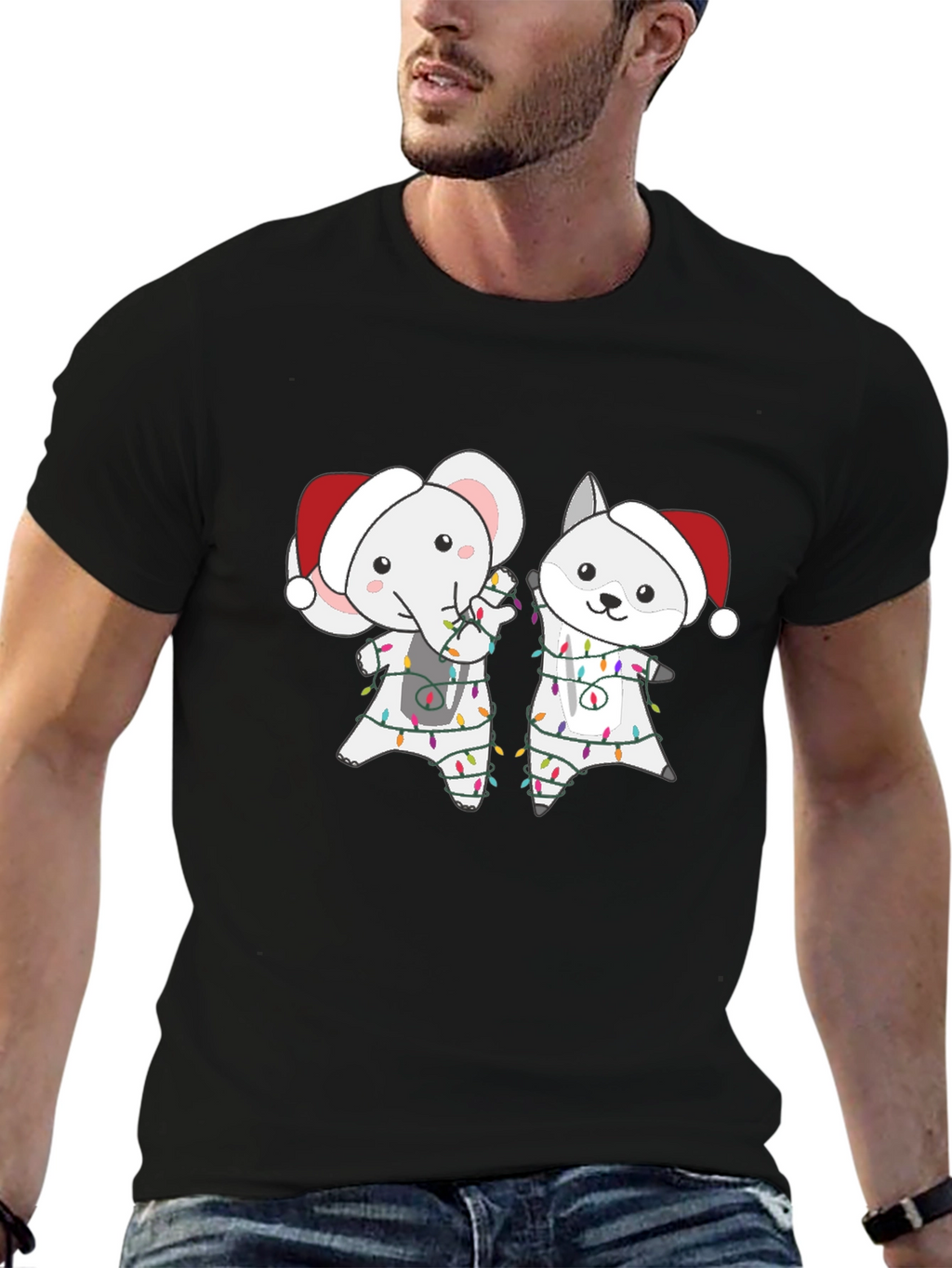Festive Animal Tee - Elephant & Wolf Christmas Lights