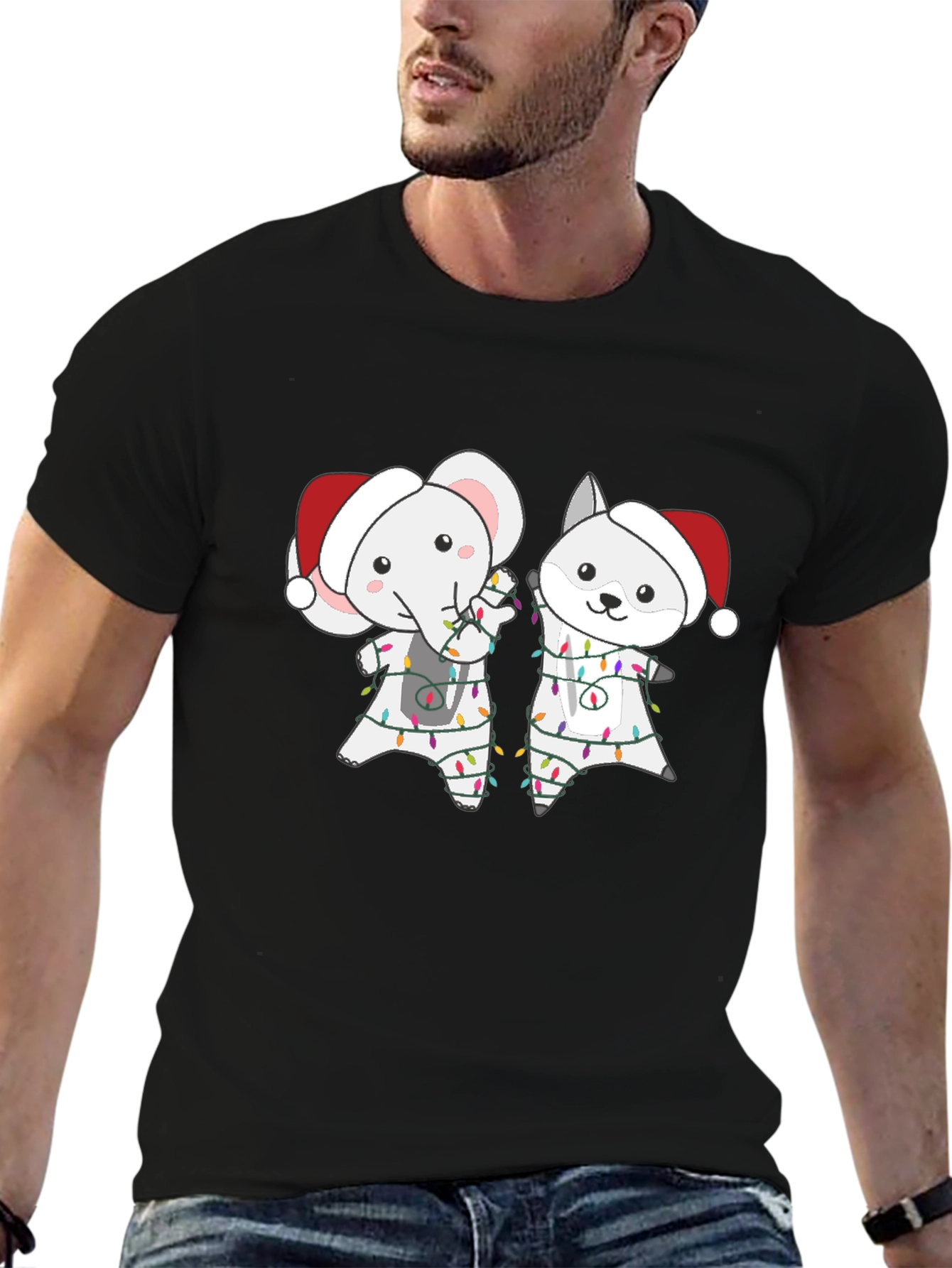 Festive Animal Tee - Elephant & Wolf Christmas Lights