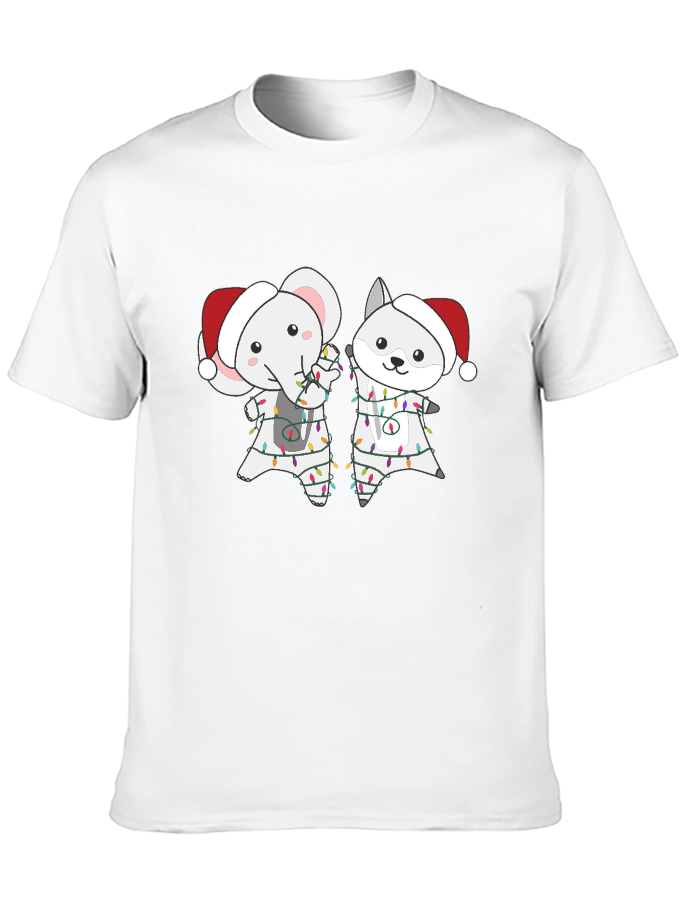 Festive Animal Tee - Elephant & Wolf Christmas Lights