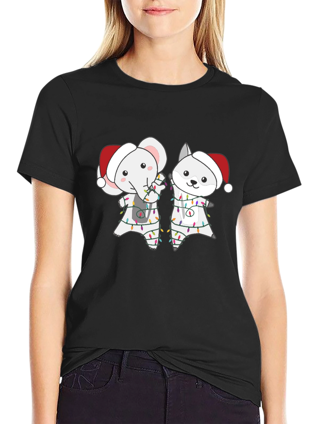 Festive Animal Tee - Elephant & Wolf Christmas Lights