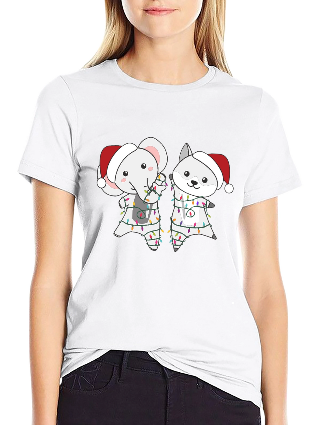 Festive Animal Tee - Elephant & Wolf Christmas Lights