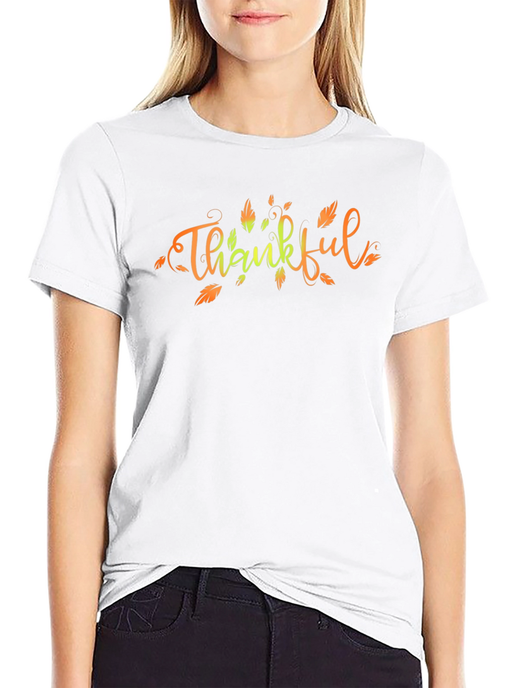 Thankful Fall Leaves Graphic Print Black T-Shirt
