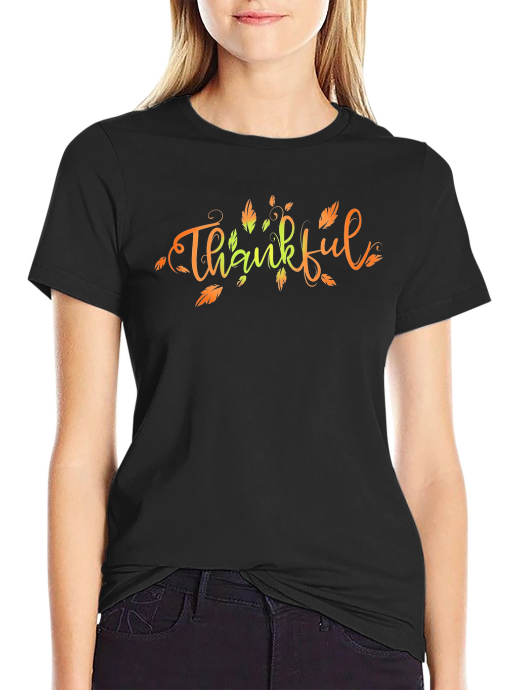 Thankful Fall Leaves Graphic Print Black T-Shirt