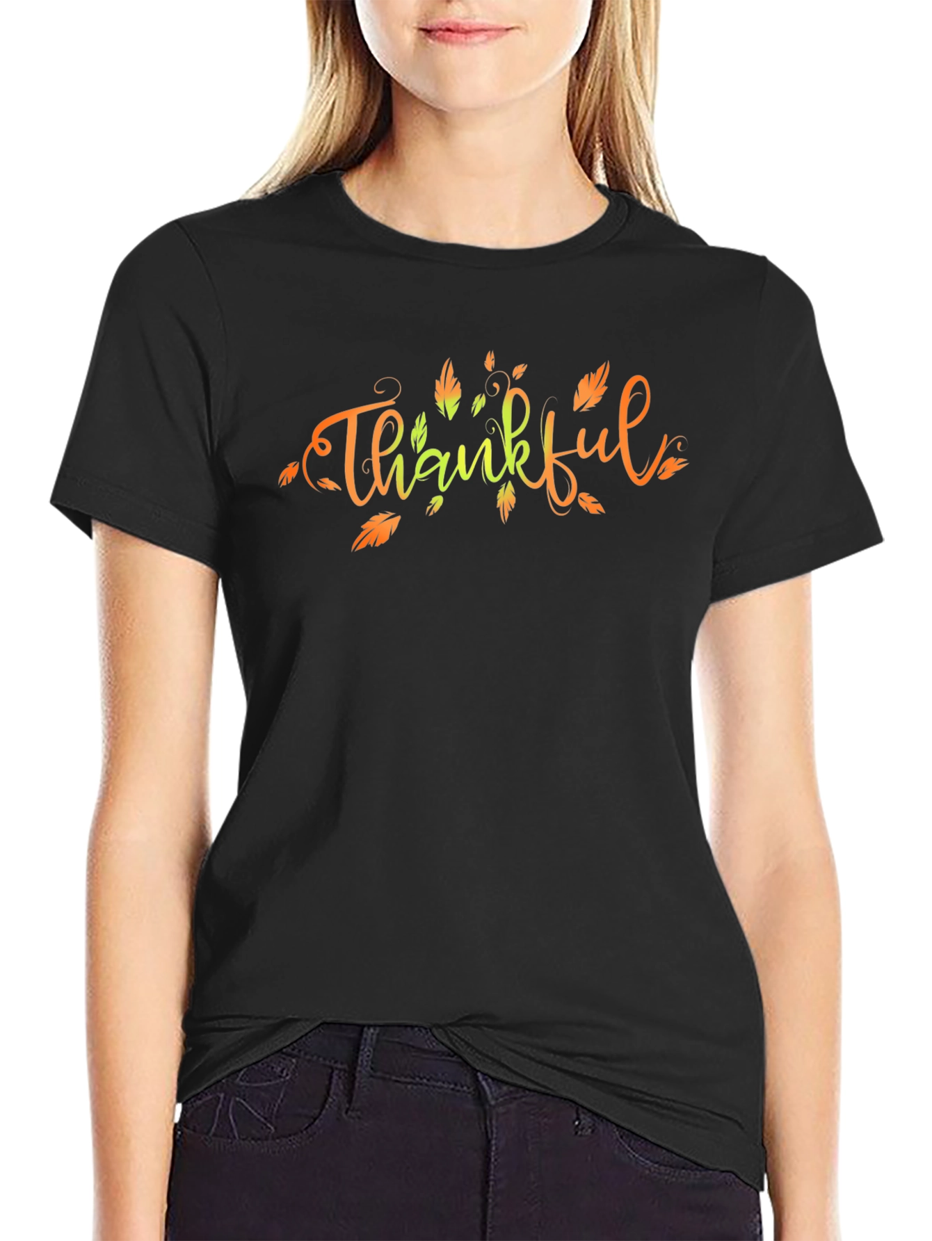 Thankful Fall Leaves Graphic Print Black T-Shirt
