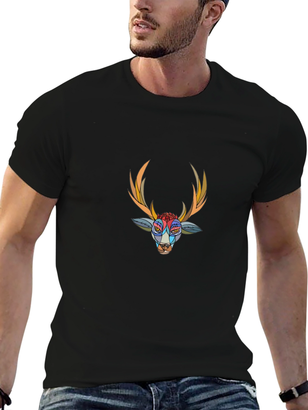 Abstract Deer Graphic Black T-Shirt