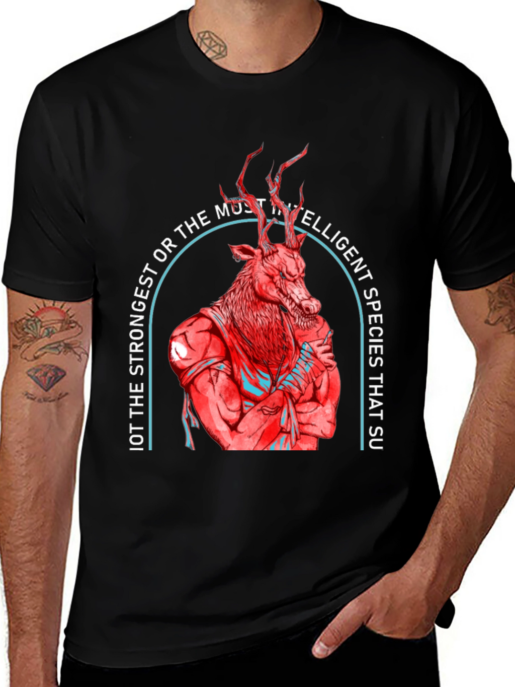 Strong Deer Graphic Tee - Black Cotton