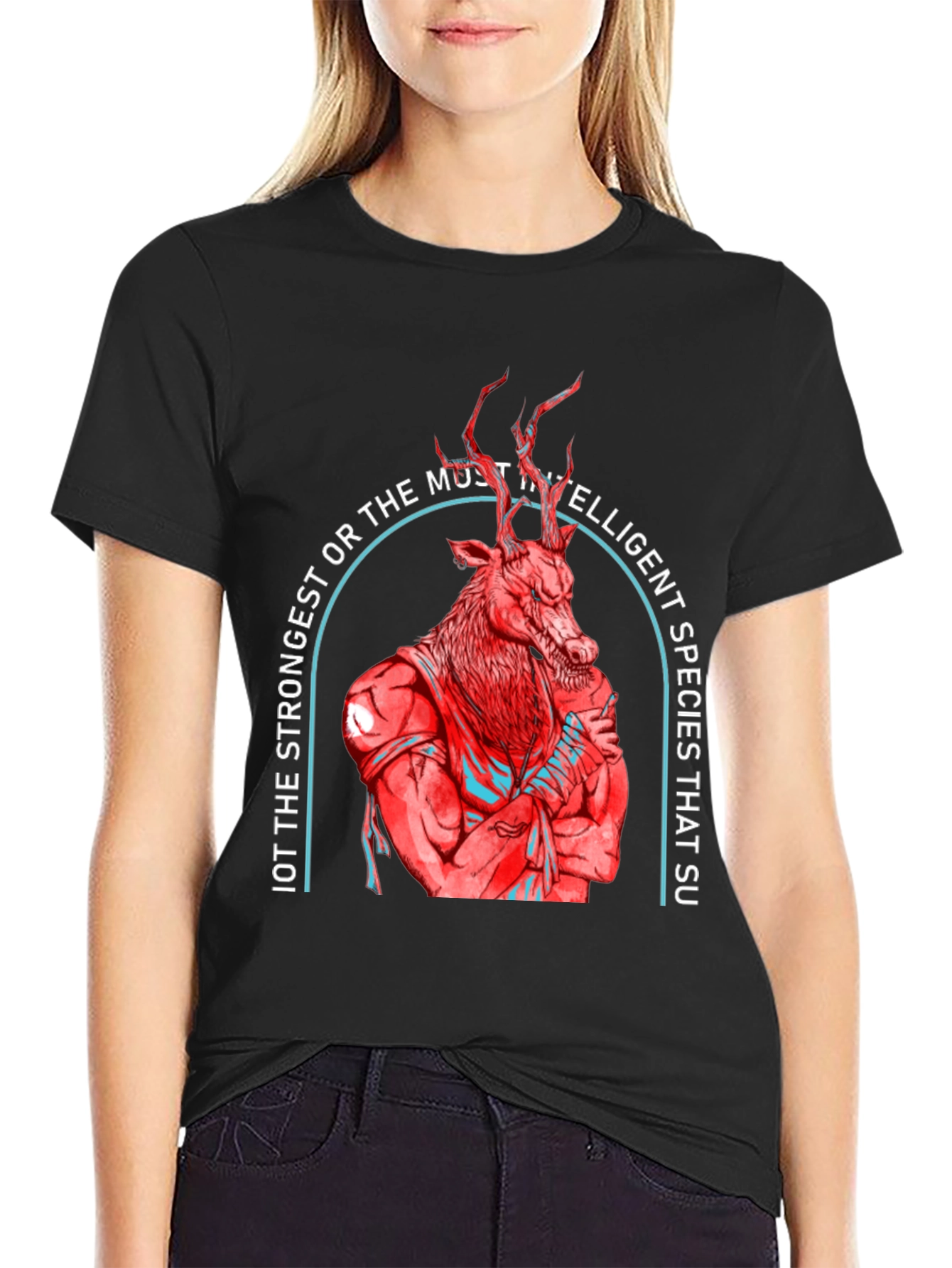 Strong Deer Graphic Tee - Black Cotton