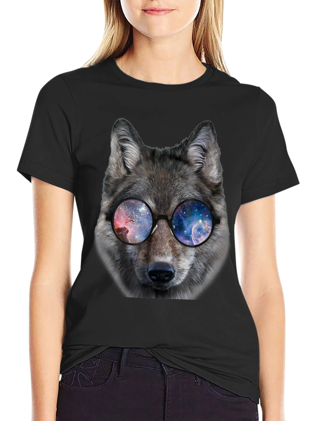 Wolf Galaxy Glasses Black T-Shirt