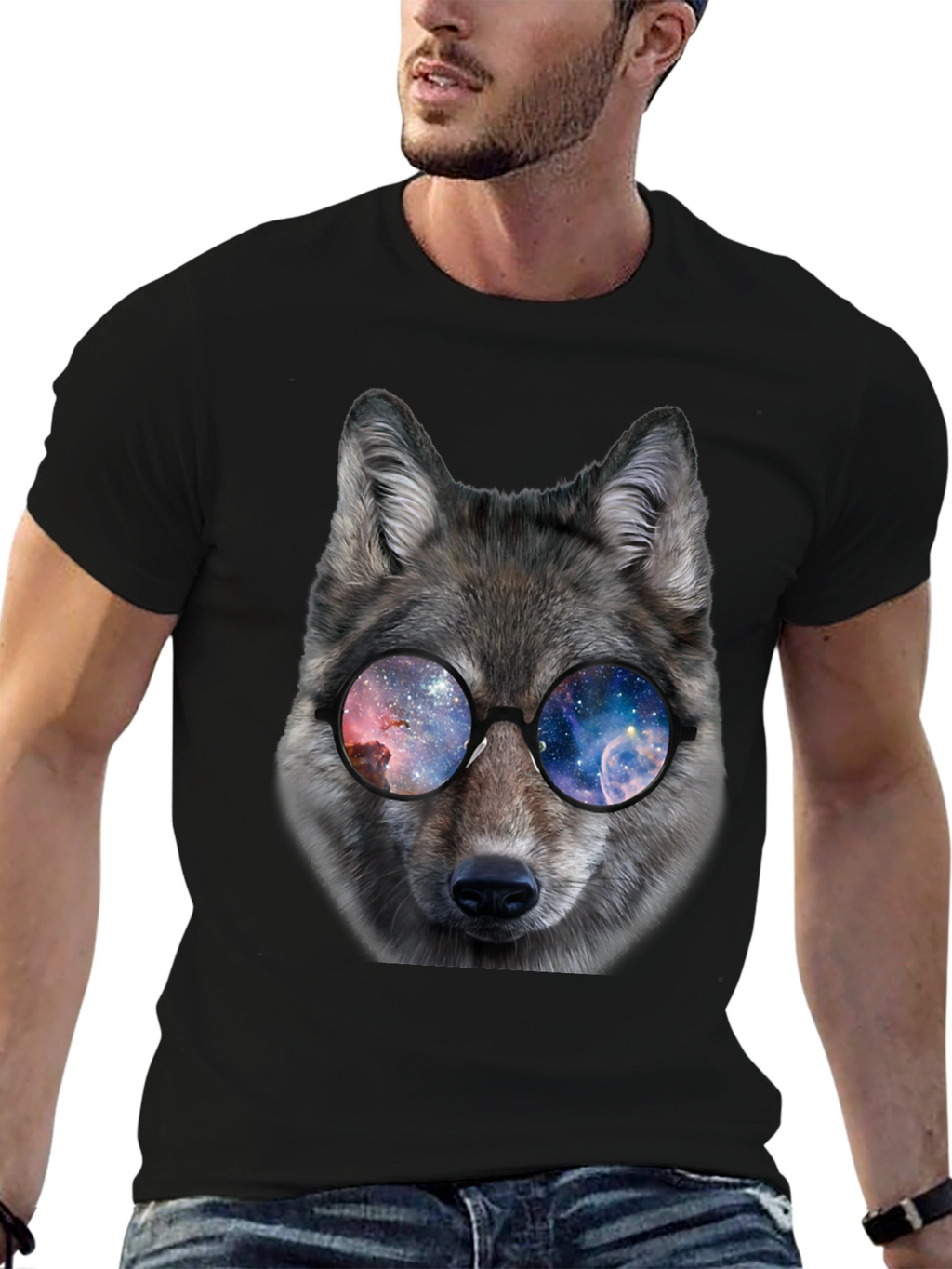 Wolf Galaxy Glasses Black T-Shirt