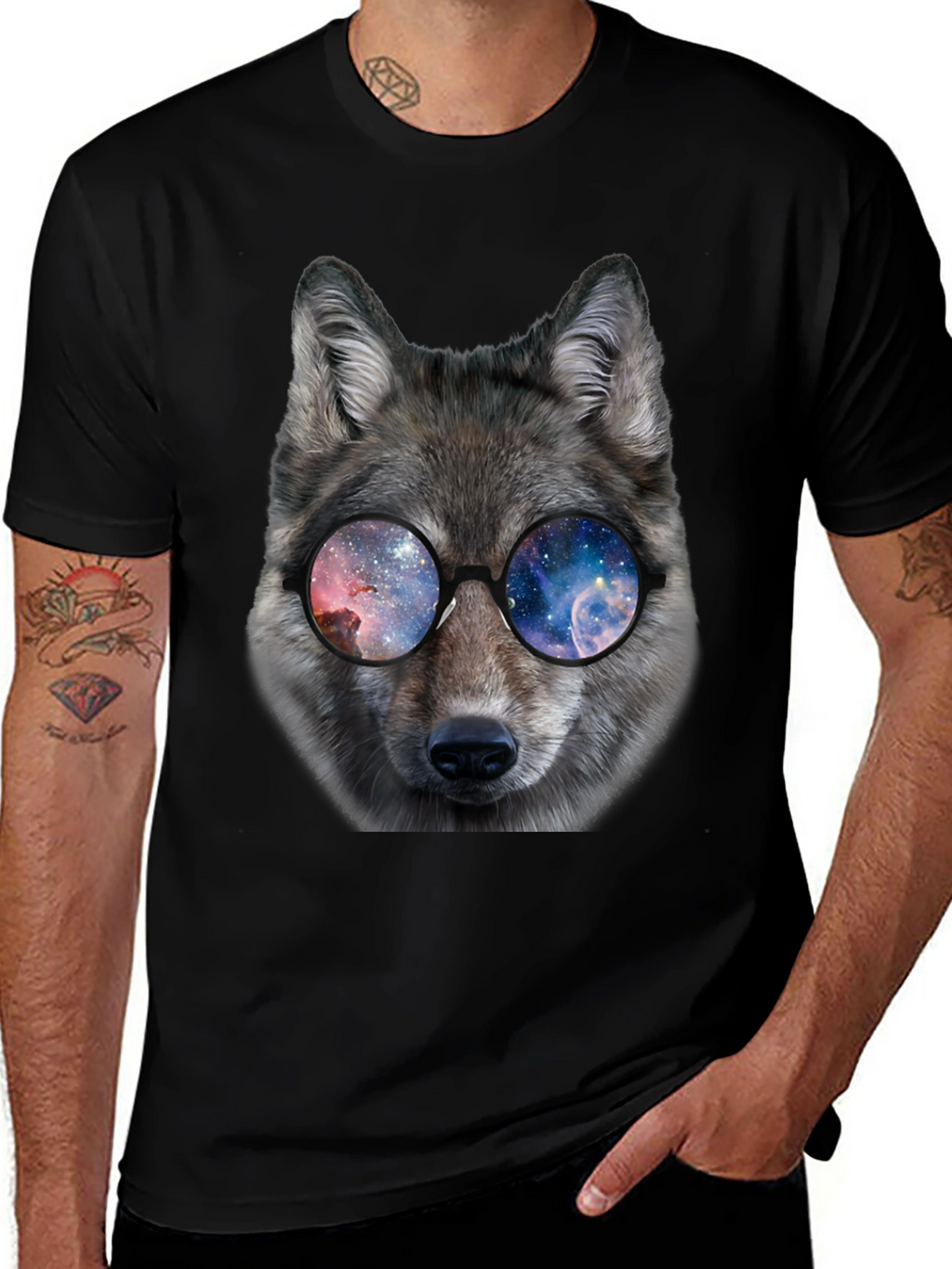 Wolf Galaxy Glasses Black T-Shirt