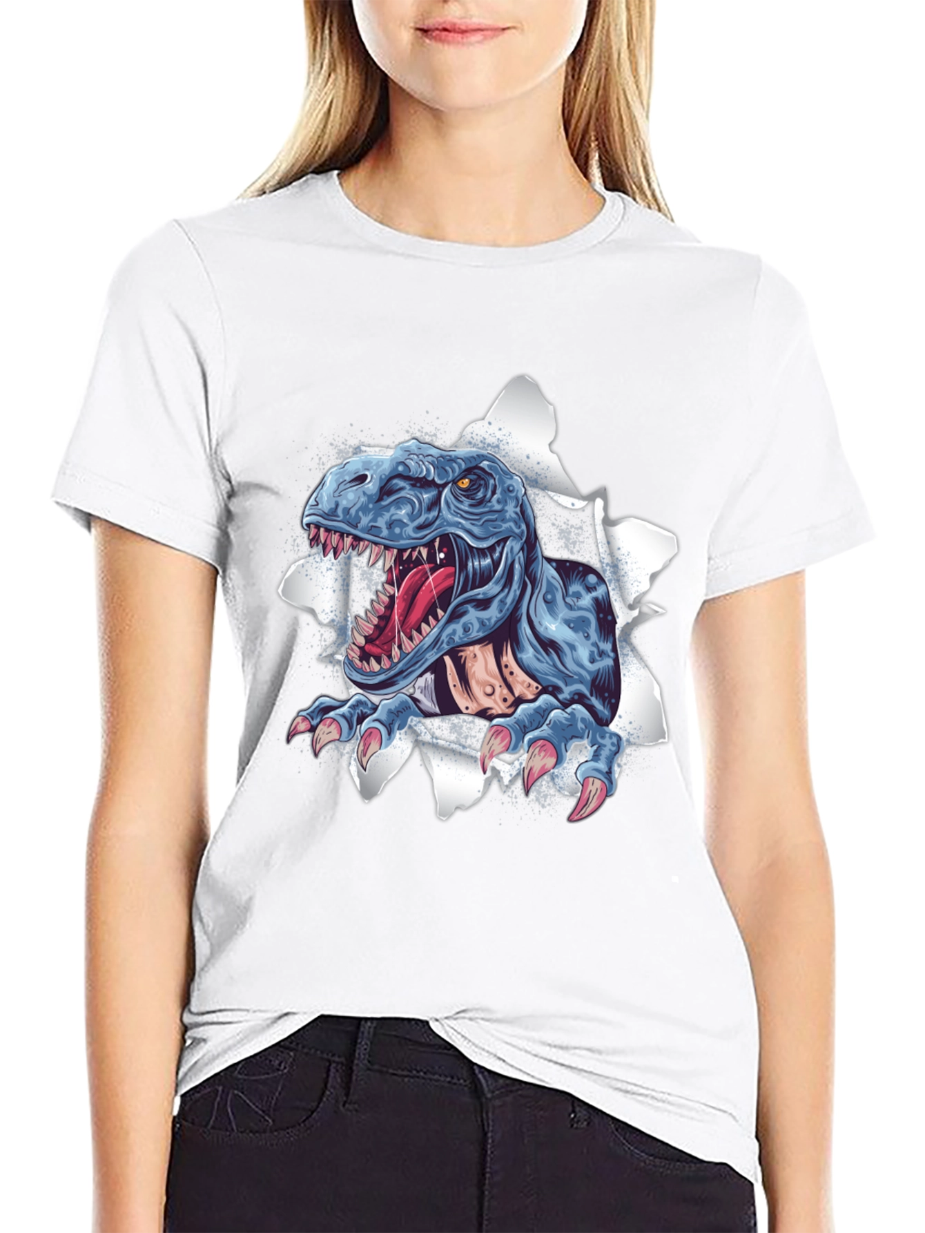 T-Rex Ripping Through Black T-Shirt