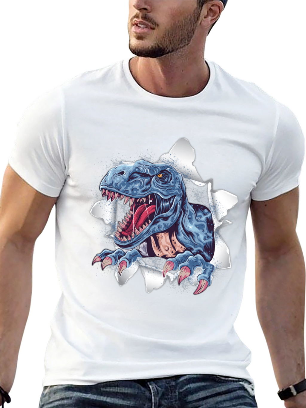 T-Rex Ripping Through Black T-Shirt