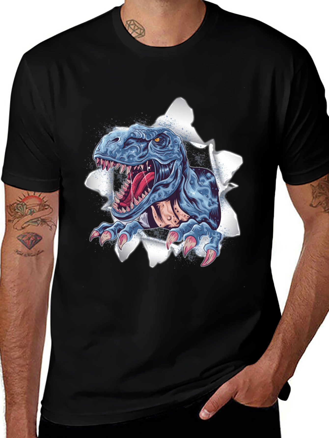 T-Rex Ripping Through Black T-Shirt