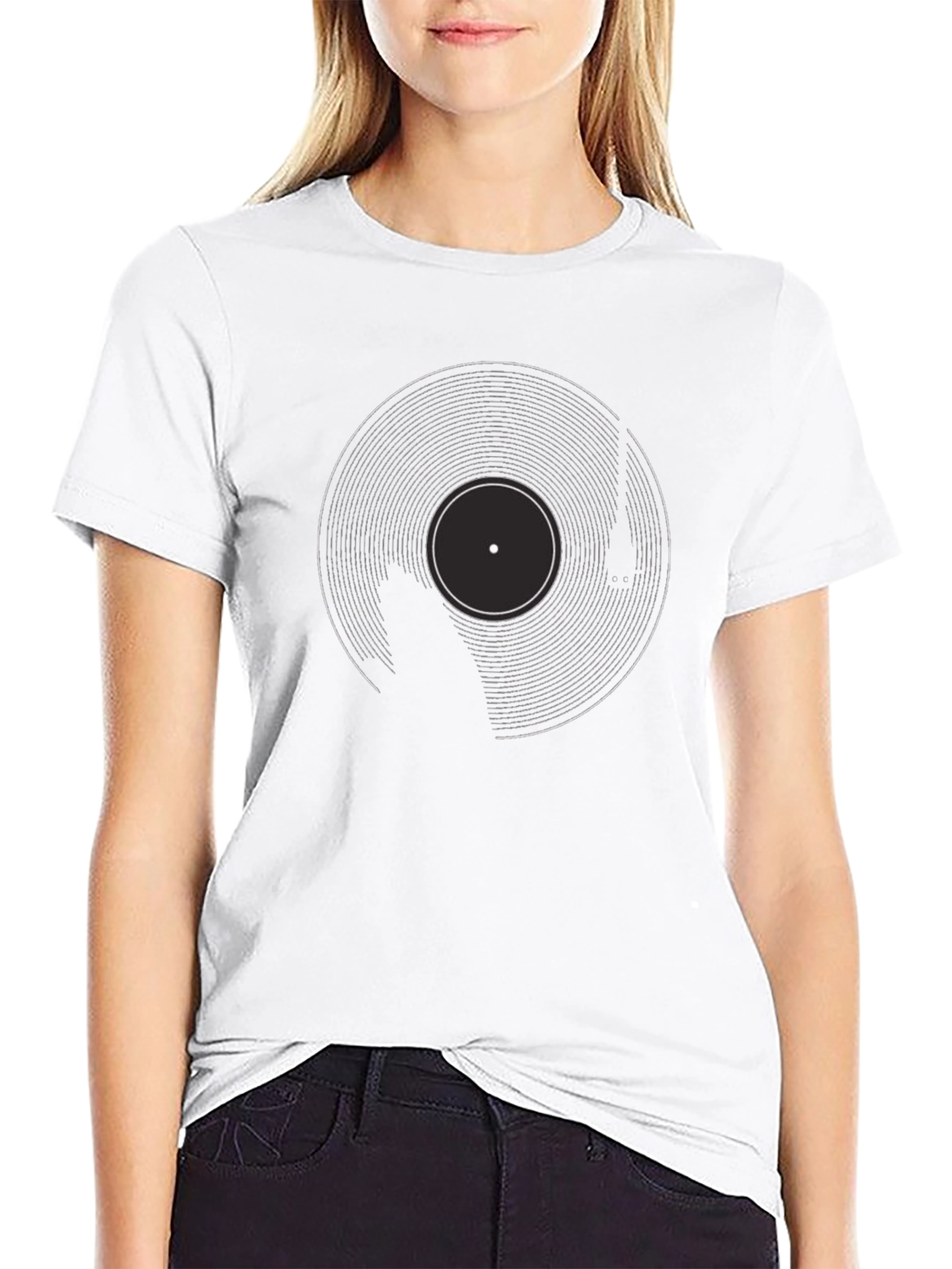 Retro Vinyl Record Graphic Tee - Black Cotton Blend