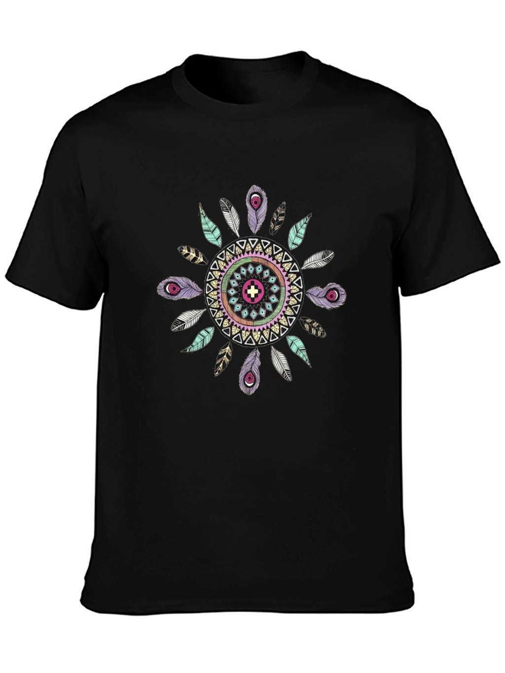 Boho Feather Mandala Mens Black T-Shirt