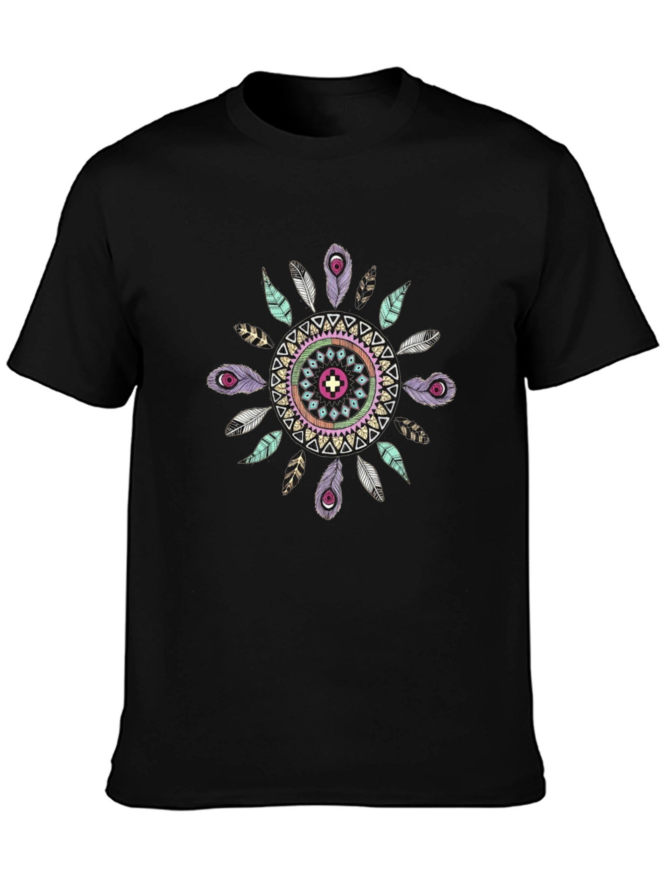 Boho Feather Mandala Mens Black T-Shirt