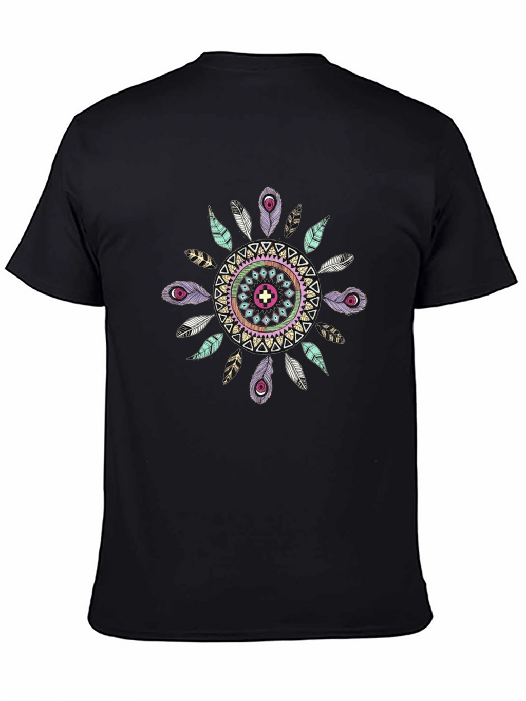 Boho Feather Mandala Mens Black T-Shirt