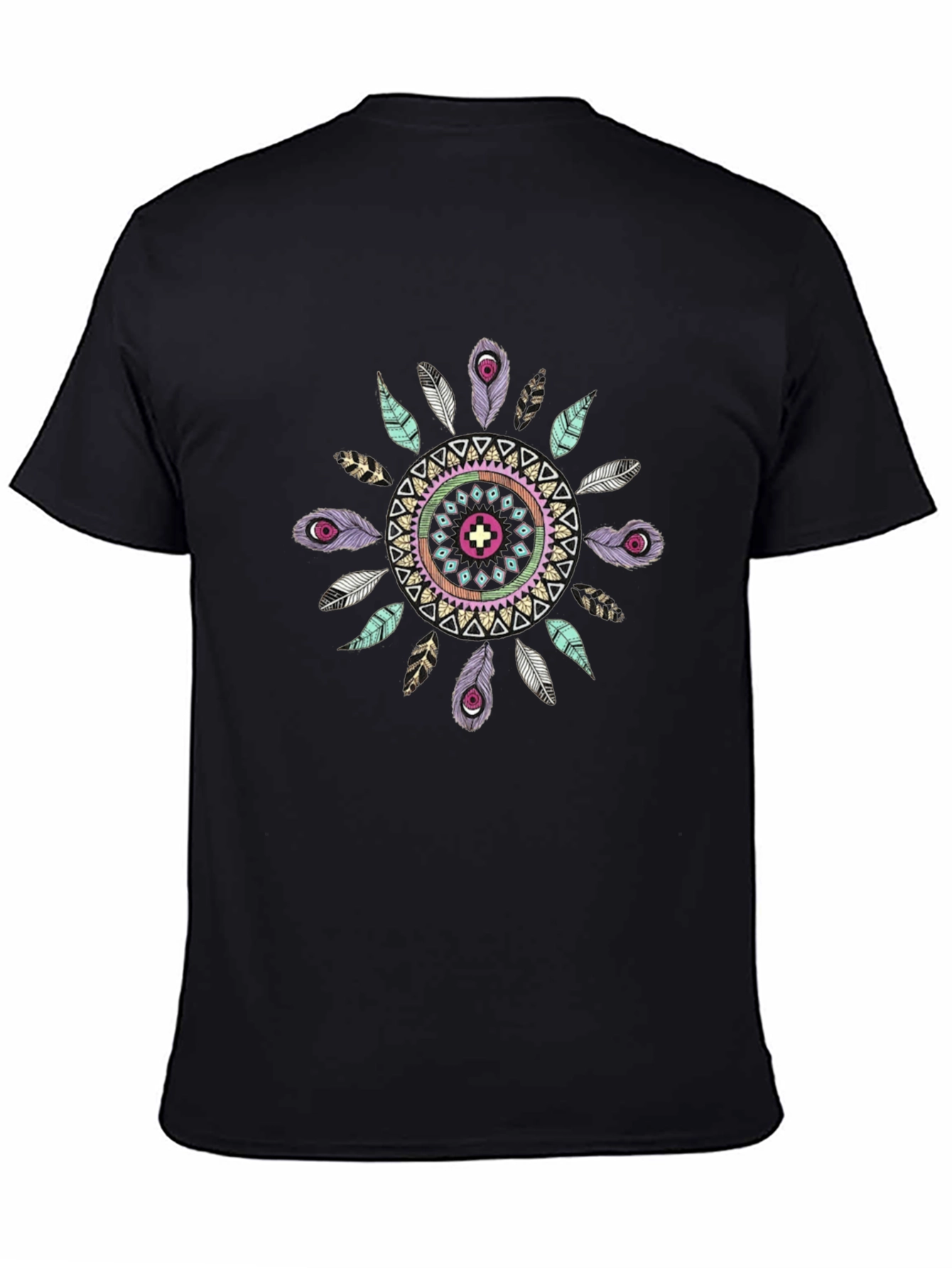 Boho Feather Mandala Mens Black T-Shirt