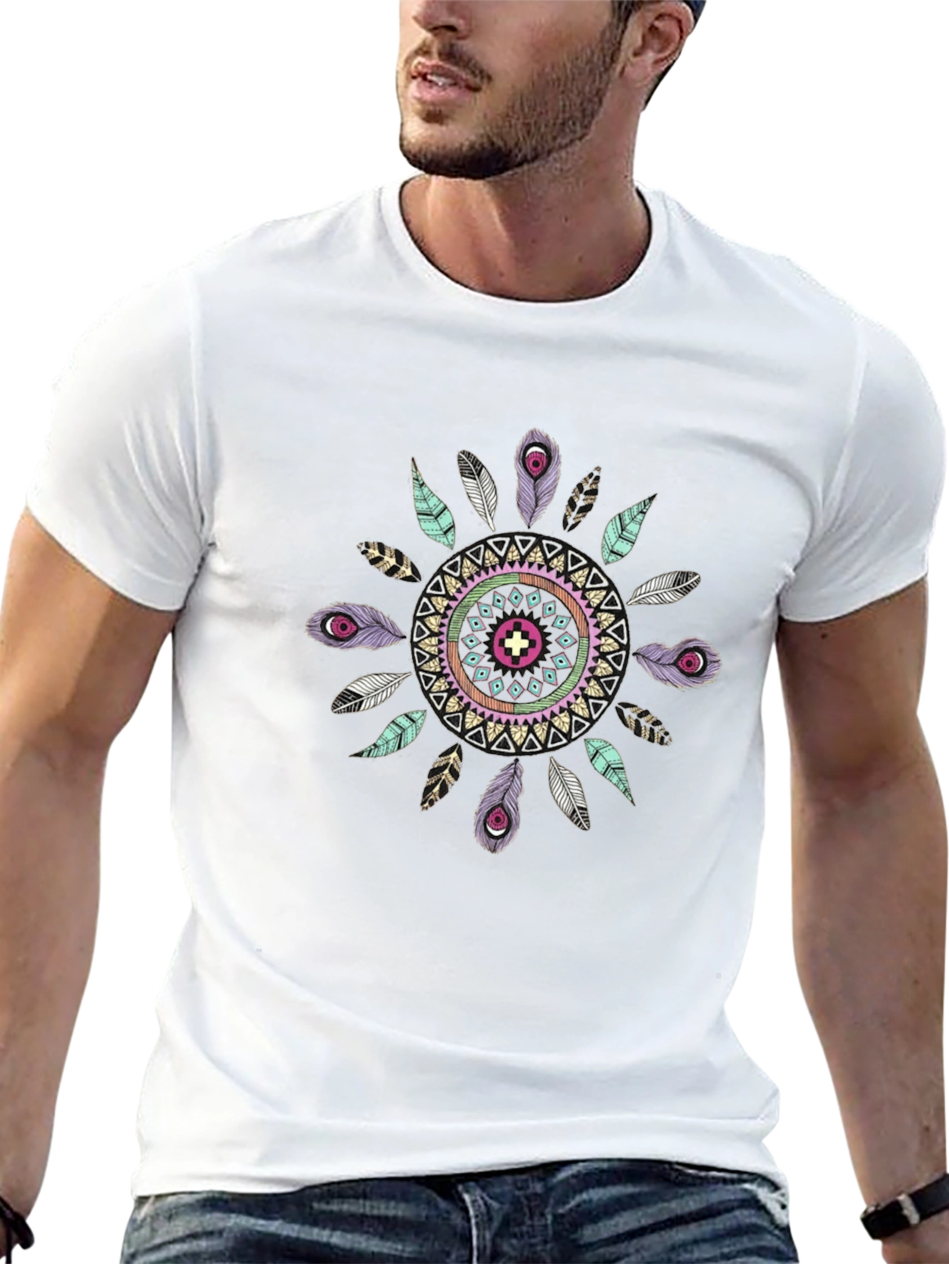 Boho Feather Mandala Mens Black T-Shirt