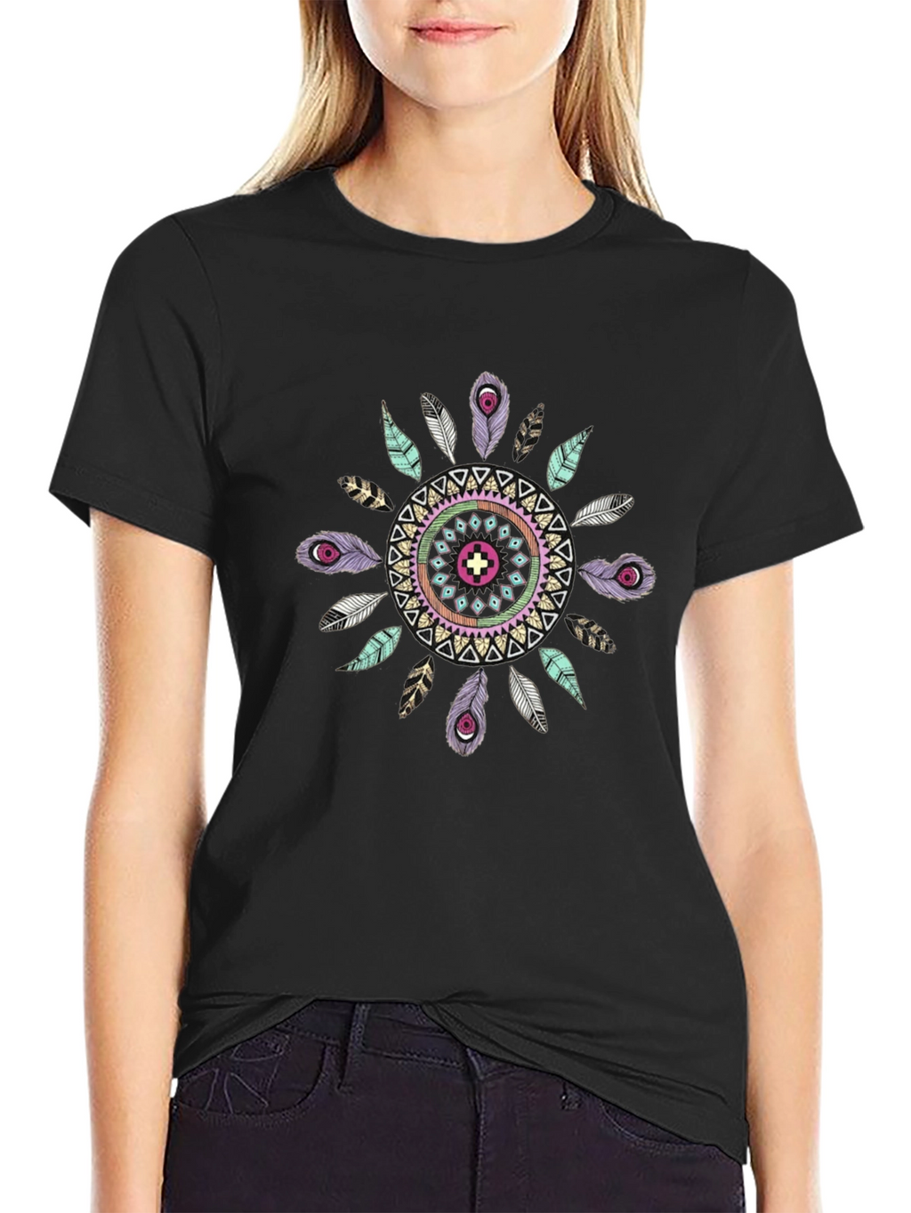 Boho Feather Mandala Mens Black T-Shirt