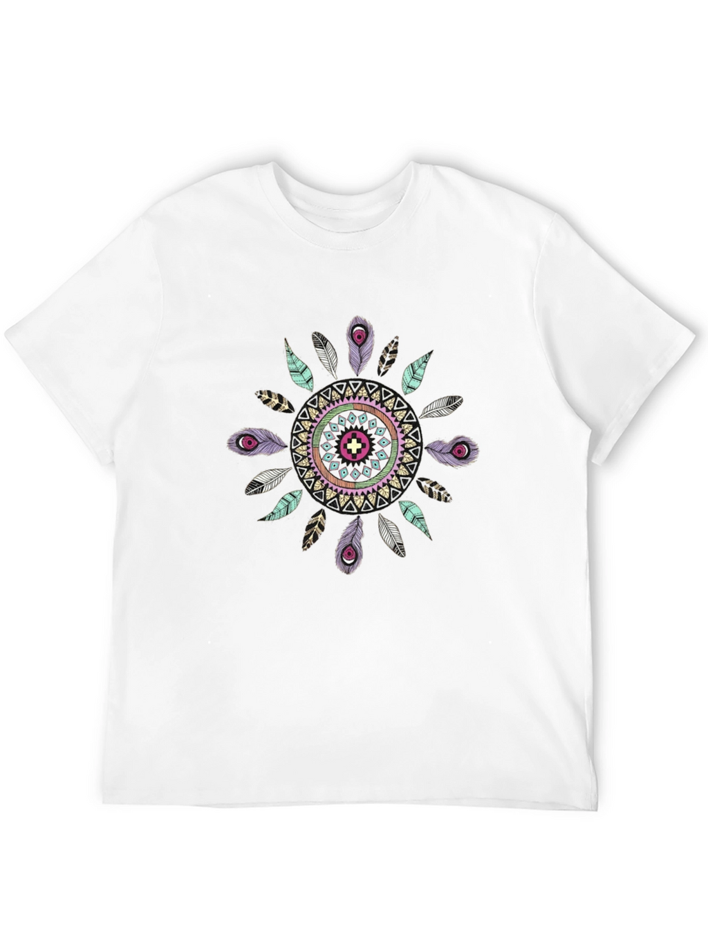 Boho Feather Mandala Mens Black T-Shirt