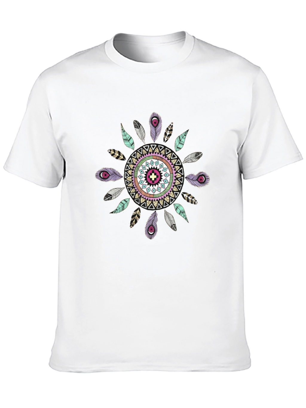 Boho Feather Mandala Mens Black T-Shirt