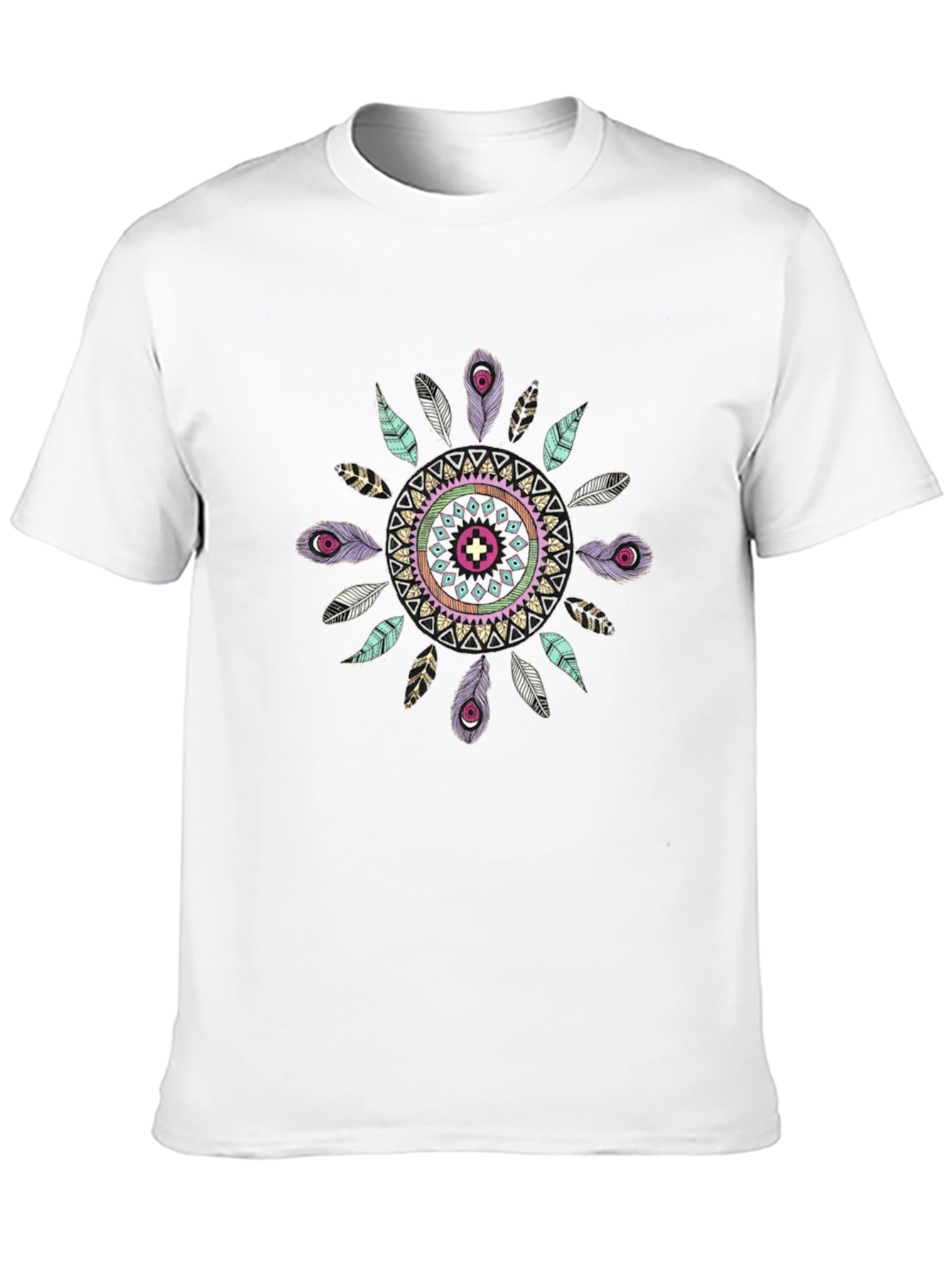 Boho Feather Mandala Mens Black T-Shirt