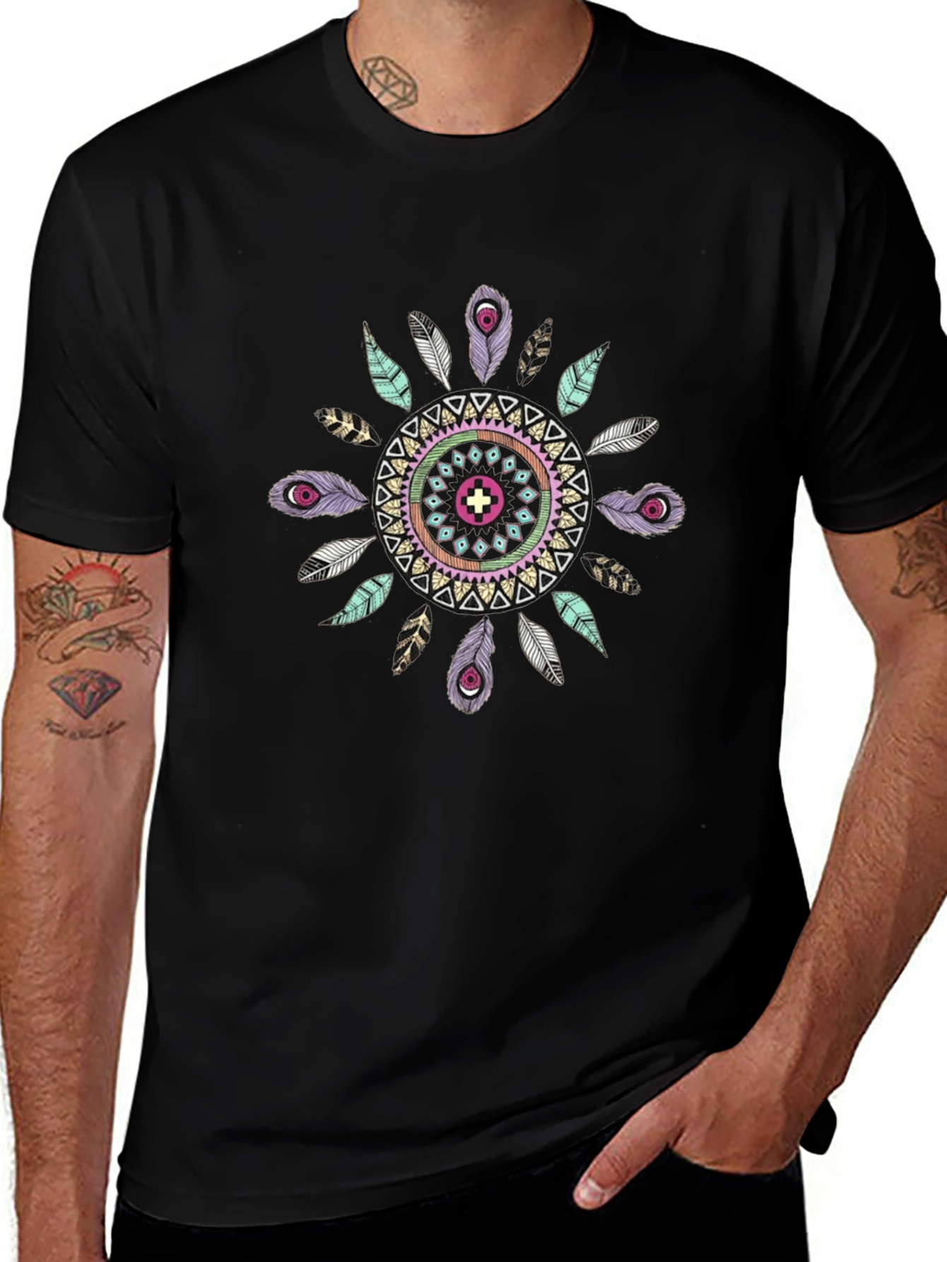 Boho Feather Mandala Mens Black T-Shirt
