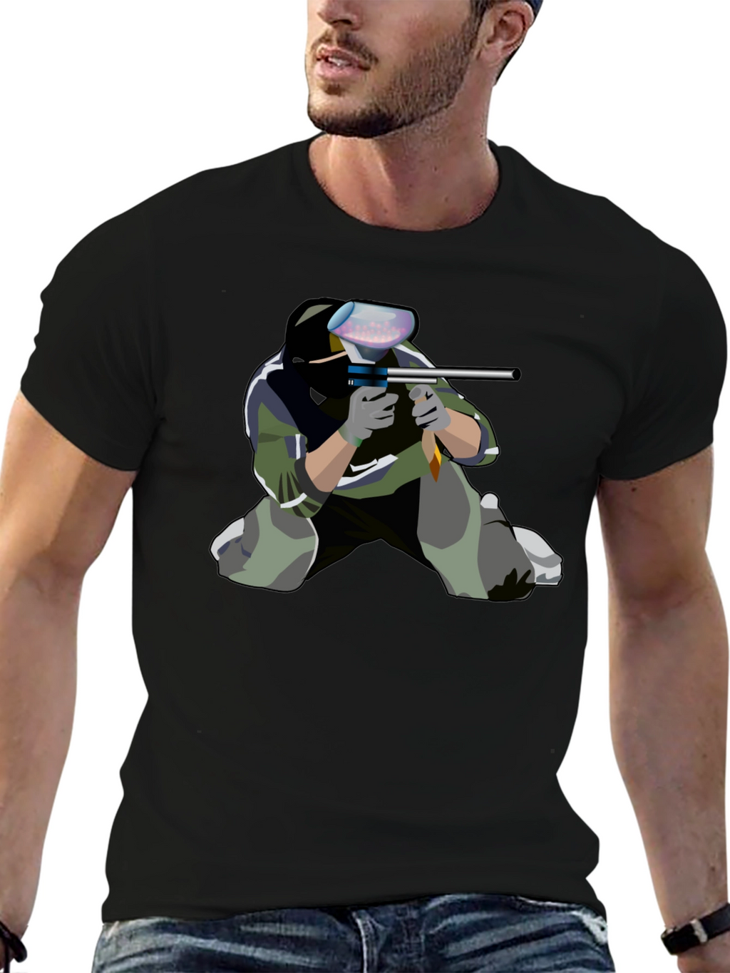 Paintball Player Graphic Tee - Black Cotton Shirt