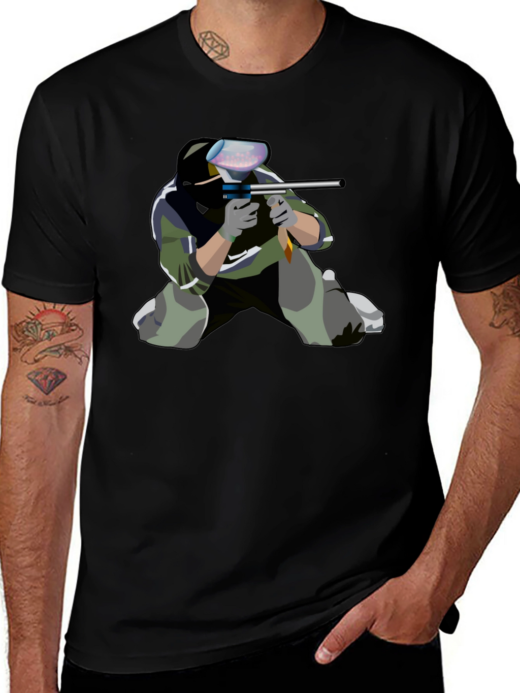 Paintball Player Graphic Tee - Black Cotton Shirt