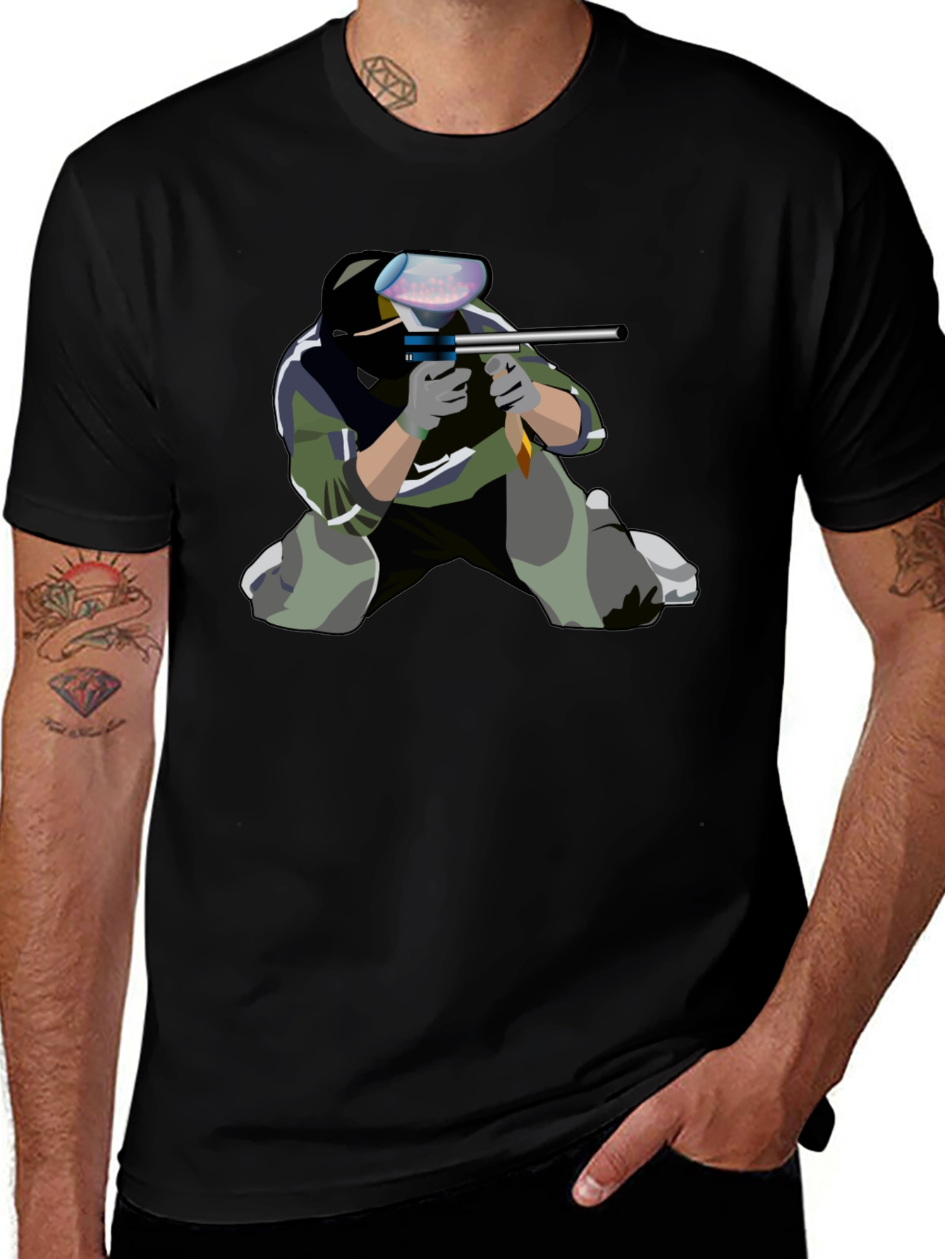 Paintball Player Graphic Tee - Black Cotton Shirt
