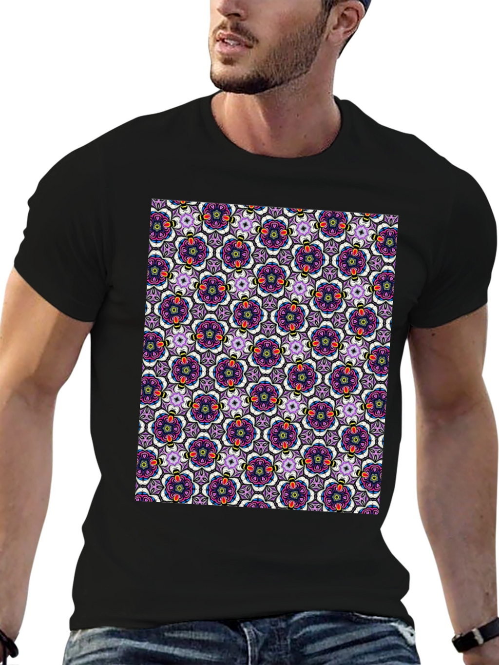 Floral Pattern T-Shirt - Mens Cotton Tee