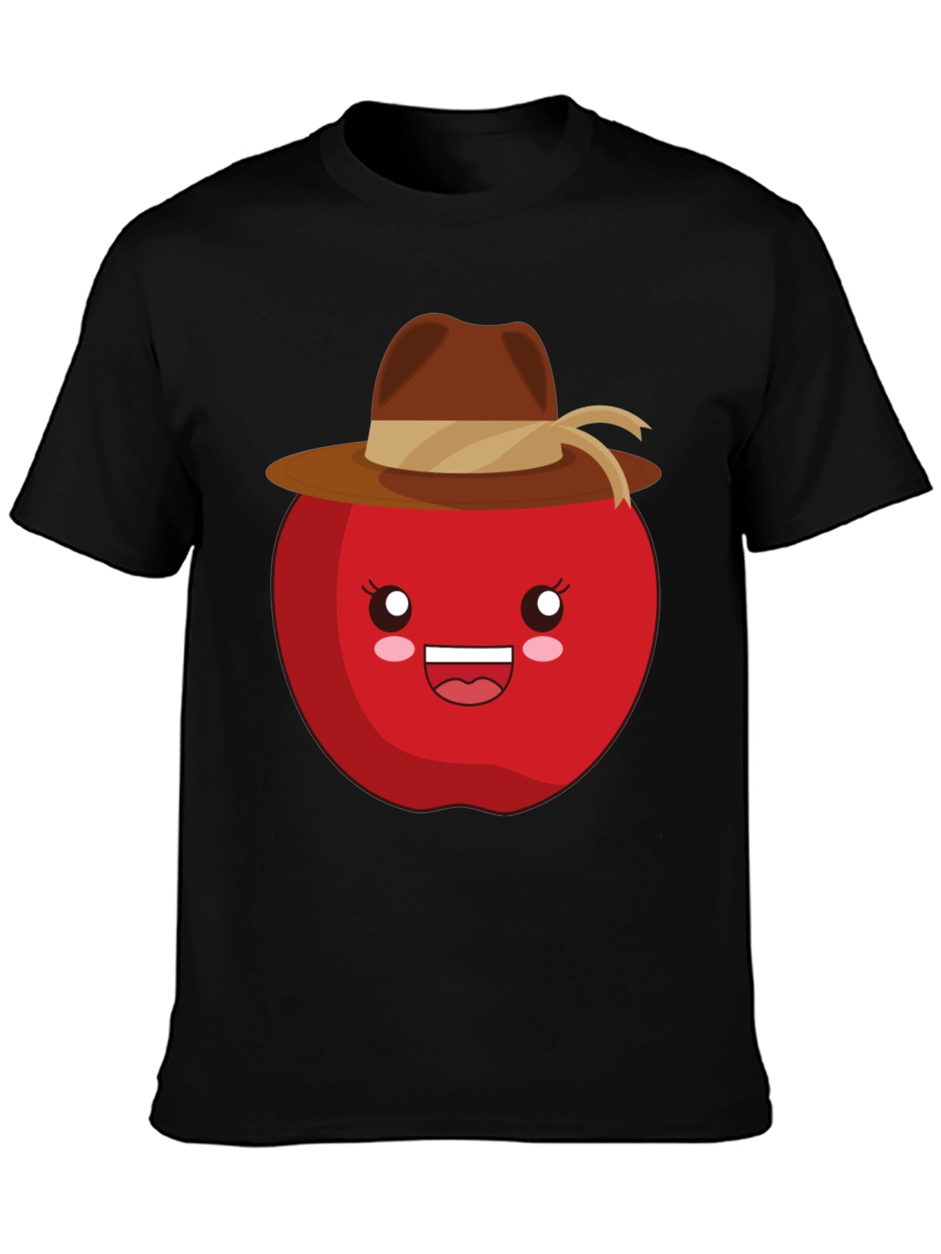 Kawaii Apple with Cowboy Hat Black T-Shirt