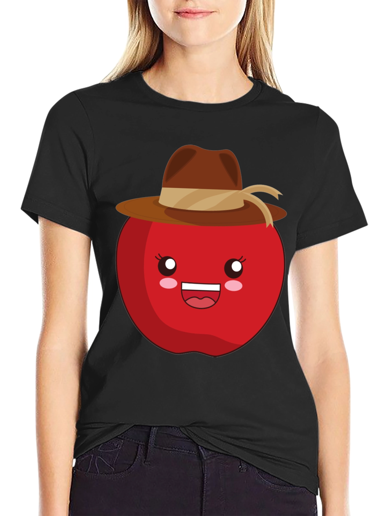 Kawaii Apple with Cowboy Hat Black T-Shirt