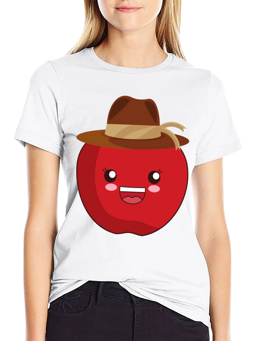 Kawaii Apple with Cowboy Hat Black T-Shirt