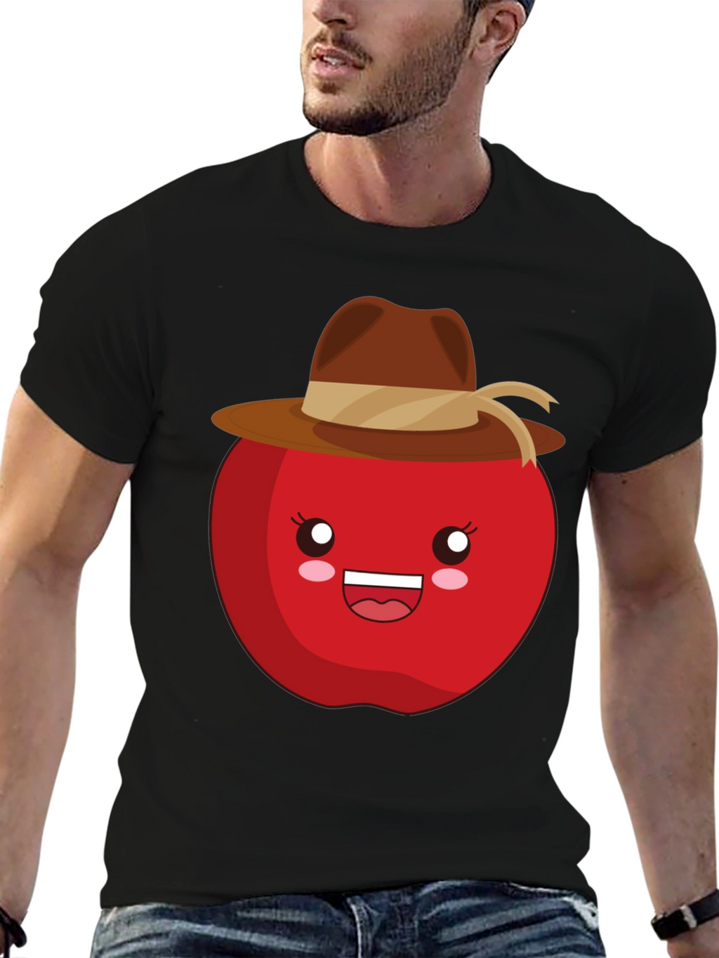Kawaii Apple with Cowboy Hat Black T-Shirt