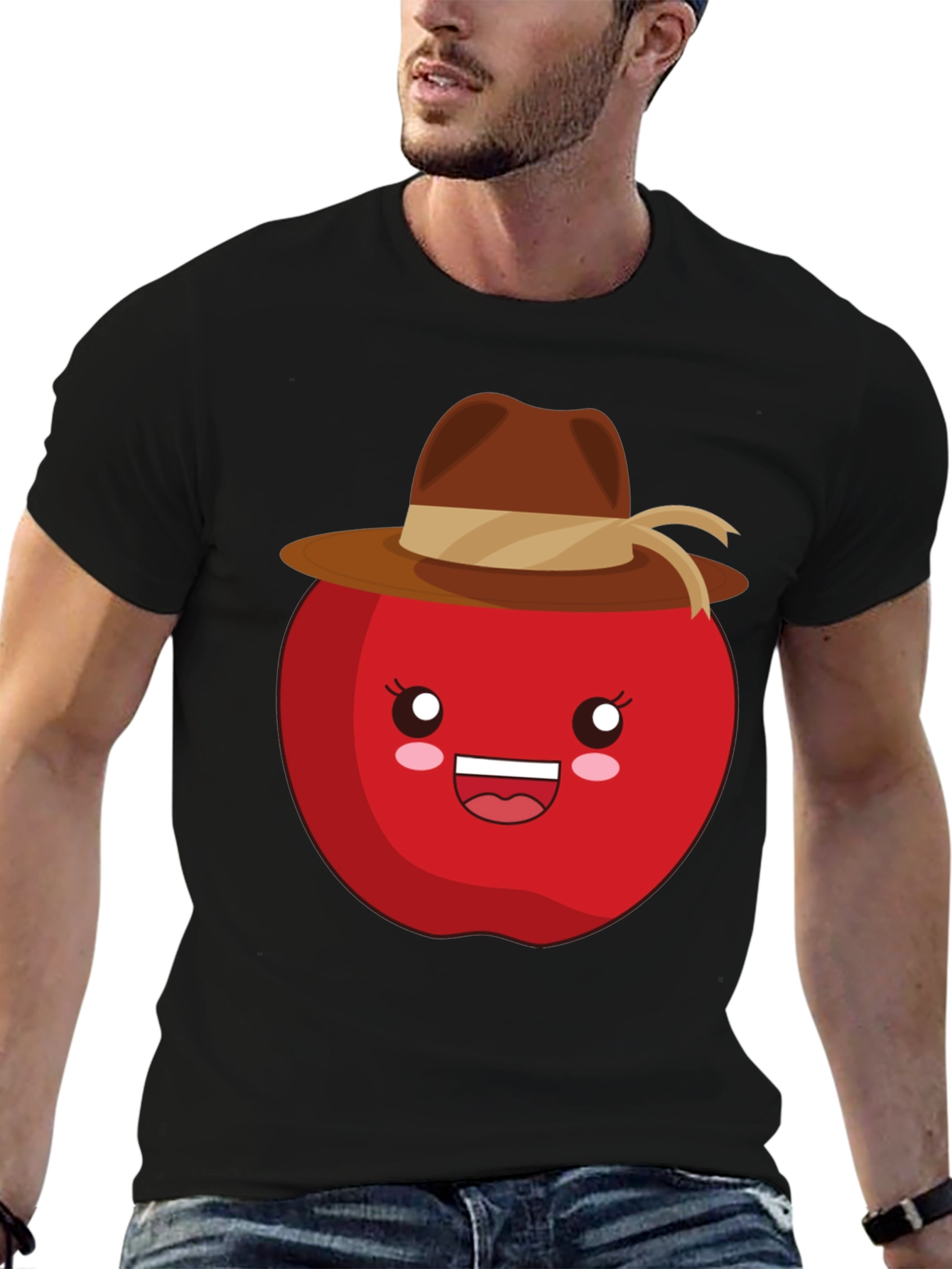 Kawaii Apple with Cowboy Hat Black T-Shirt