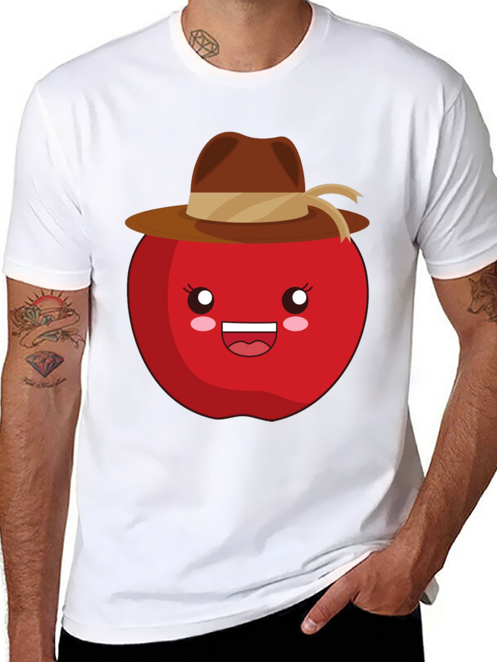 Kawaii Apple with Cowboy Hat Black T-Shirt