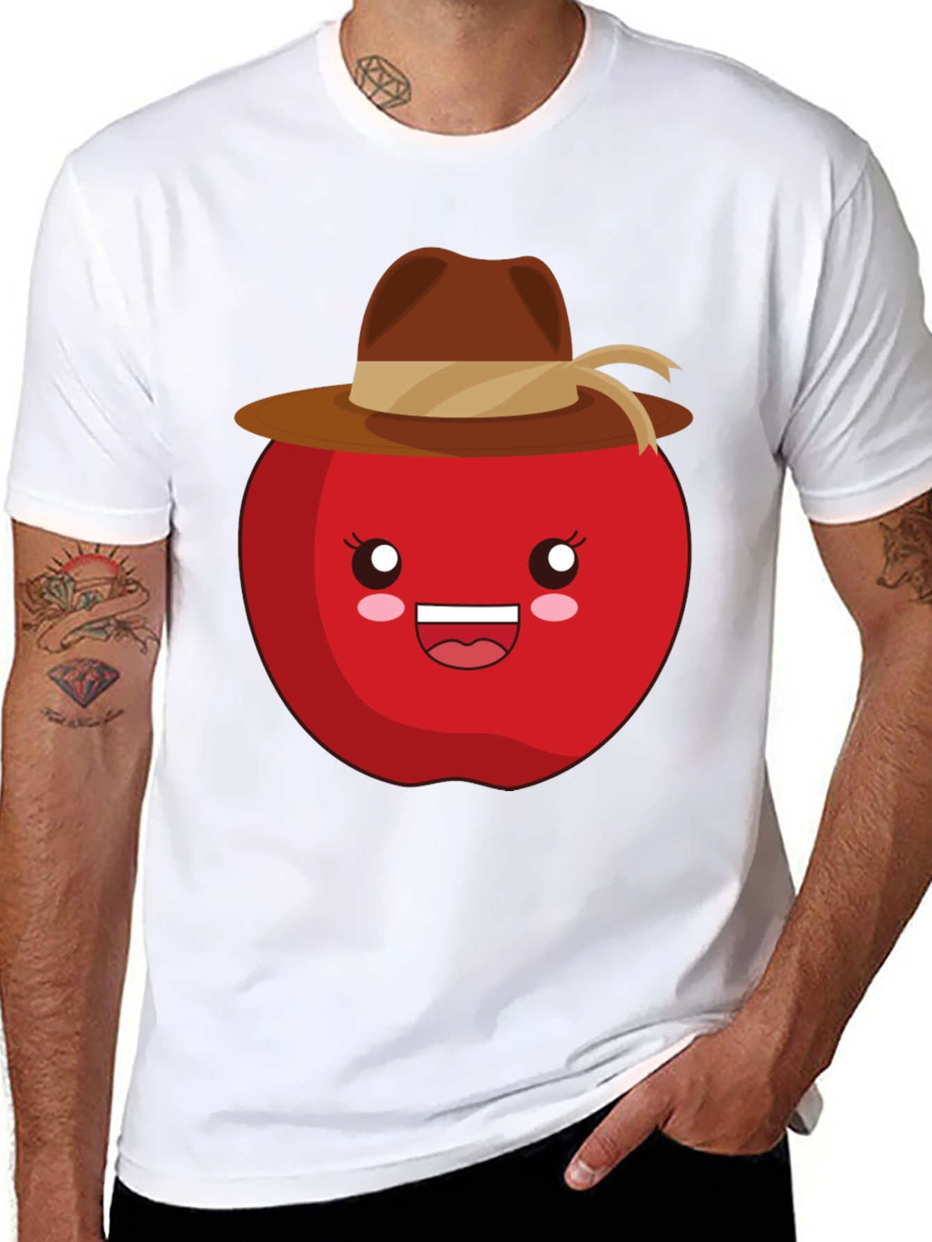 Kawaii Apple with Cowboy Hat Black T-Shirt