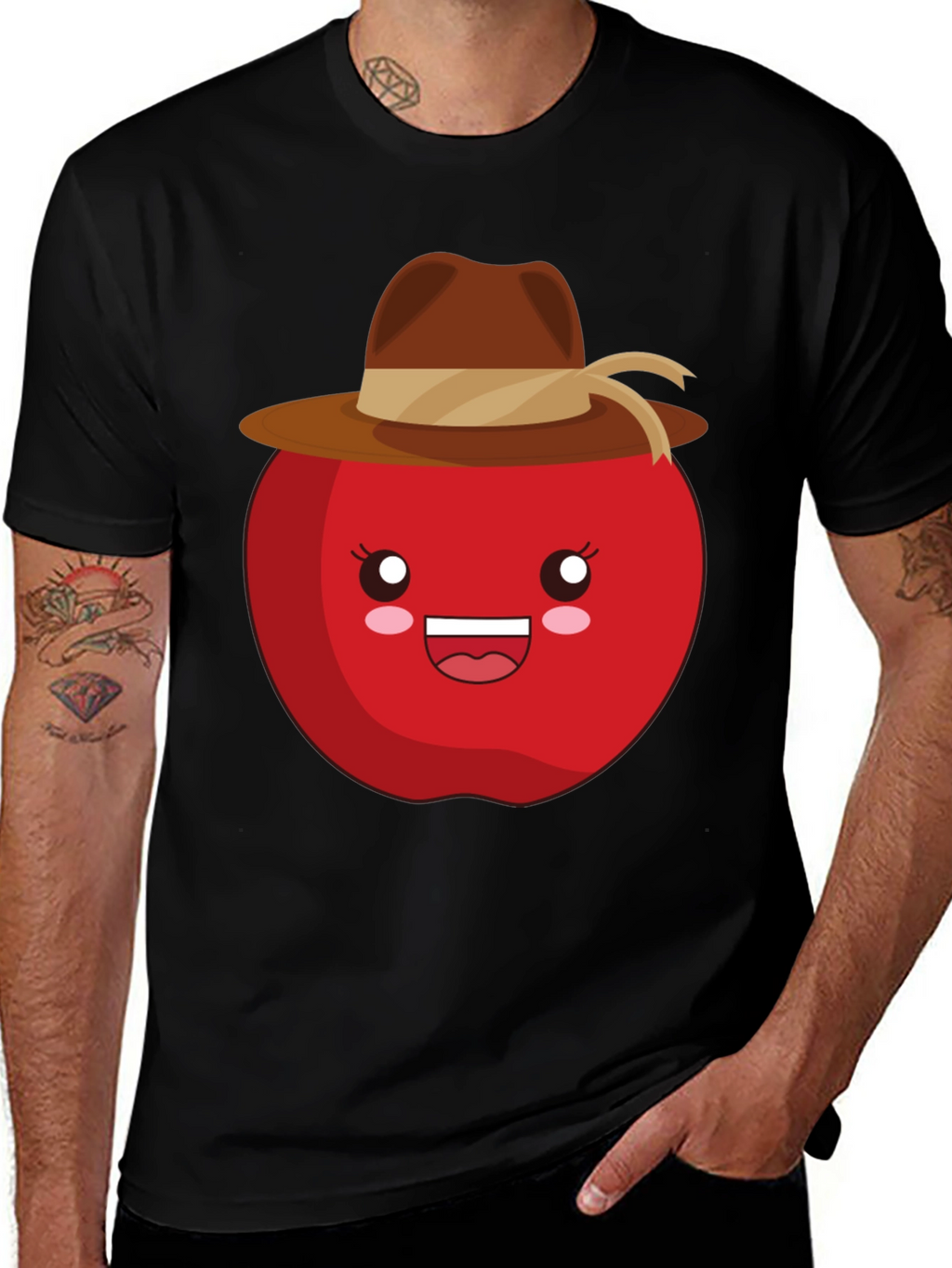 Kawaii Apple with Cowboy Hat Black T-Shirt