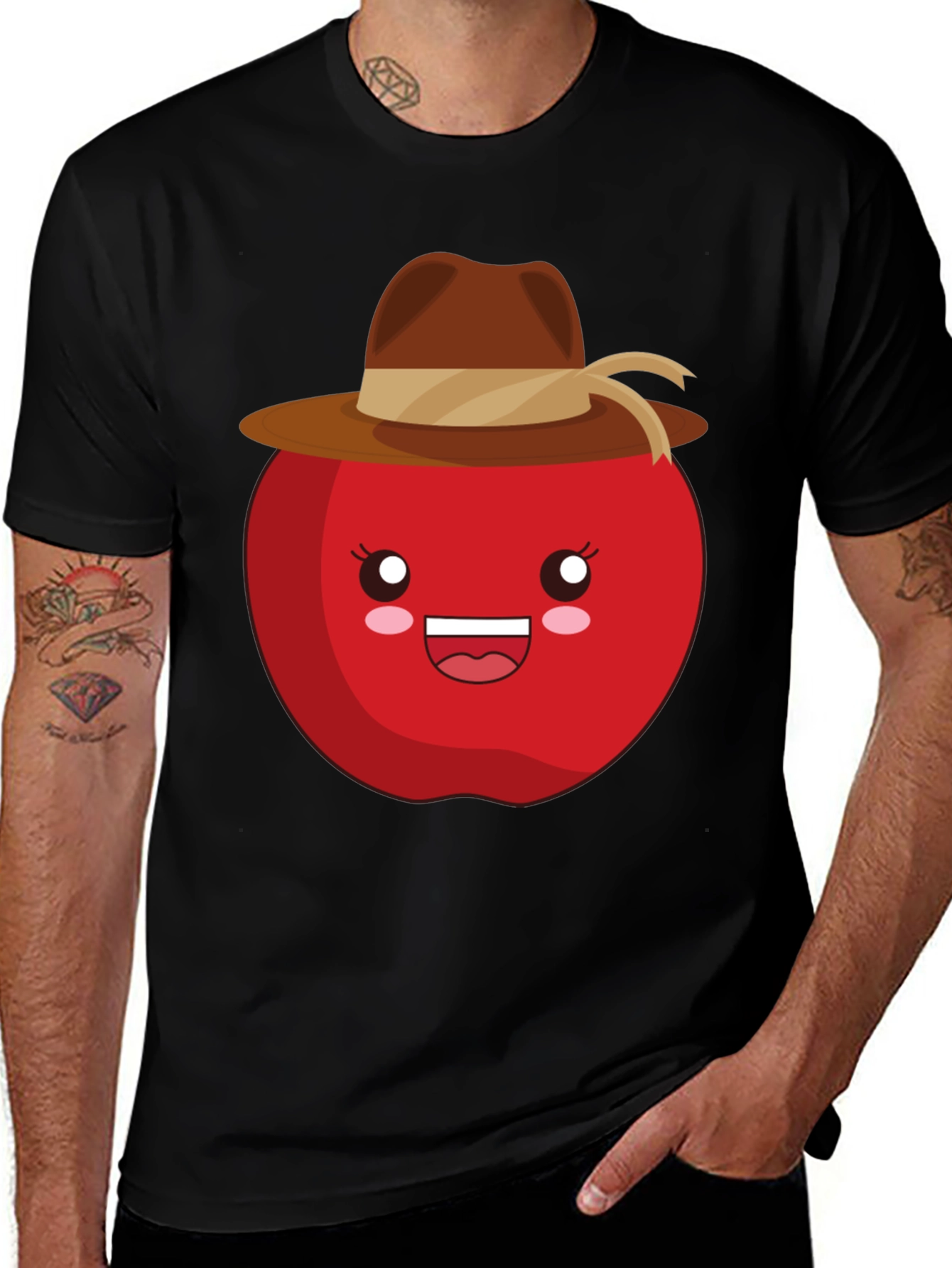 Kawaii Apple with Cowboy Hat Black T-Shirt