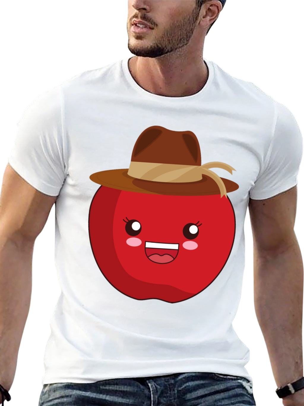 Kawaii Apple with Cowboy Hat Black T-Shirt