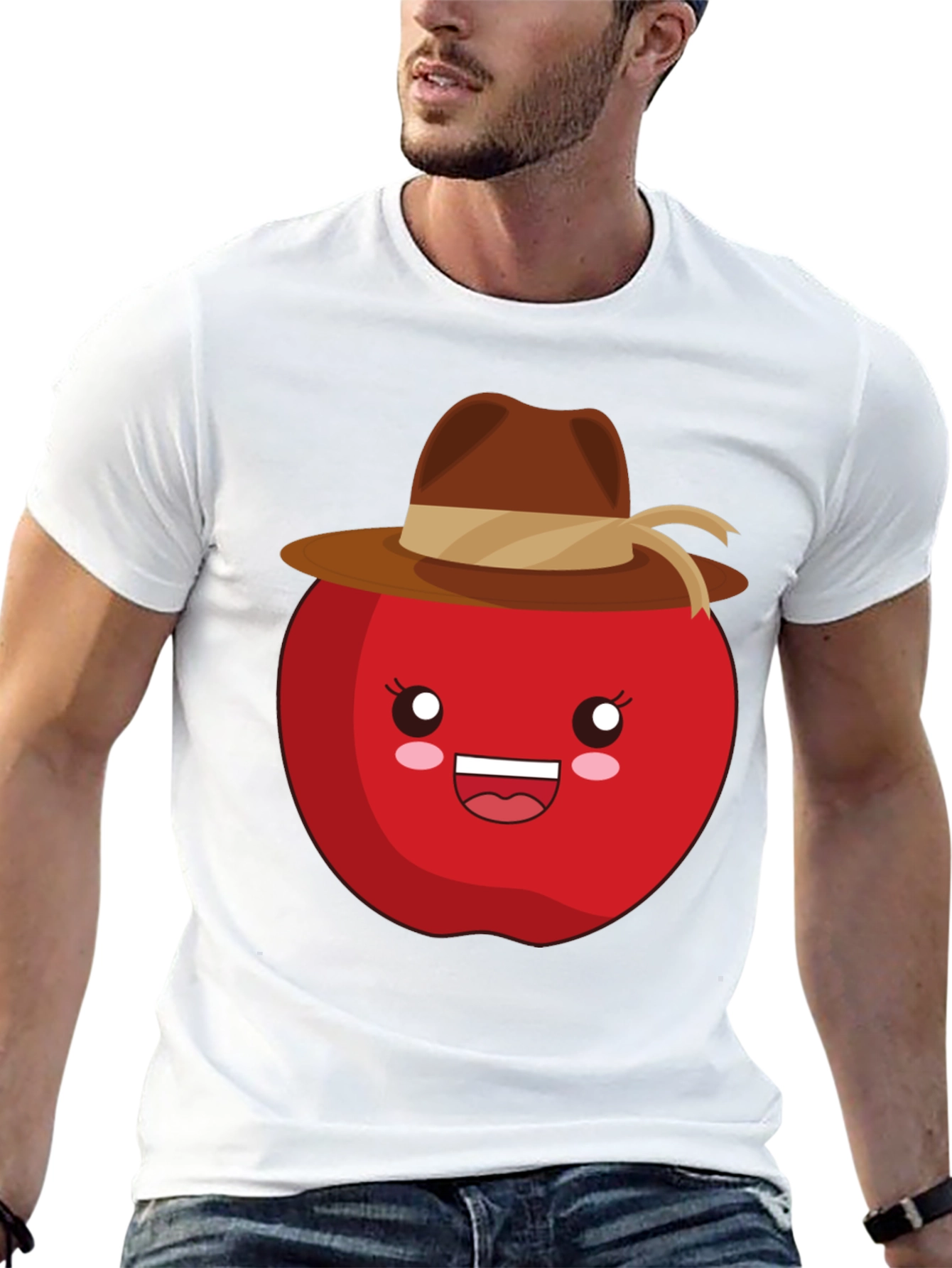 Kawaii Apple with Cowboy Hat Black T-Shirt