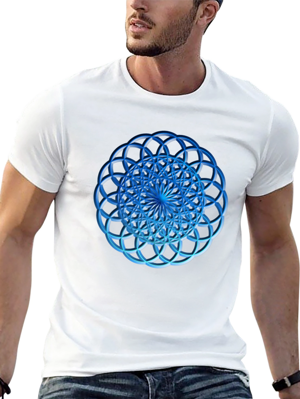 Geometric Blue Circle Design Black T-Shirt