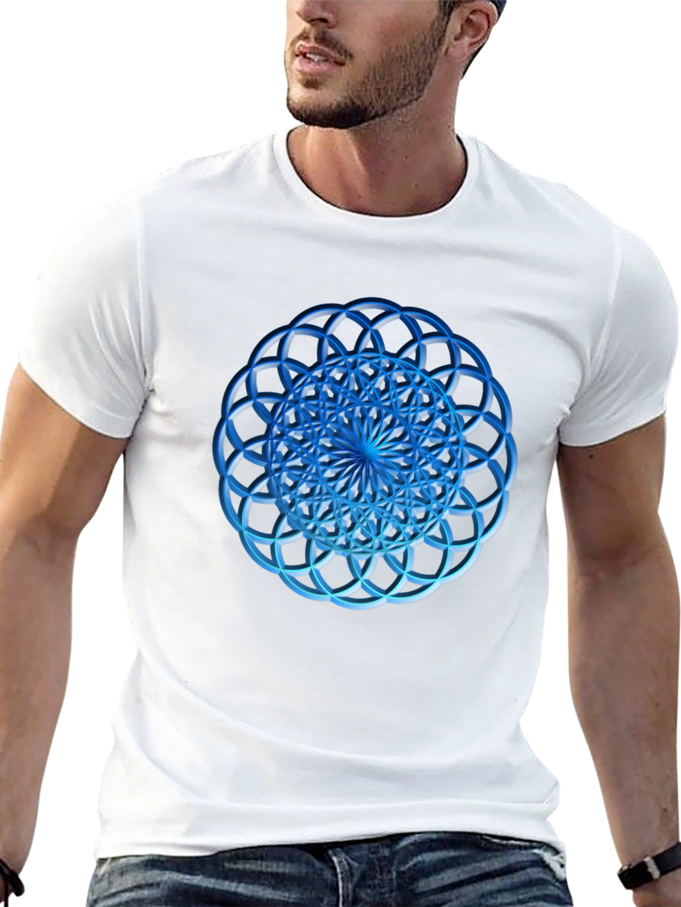 Geometric Blue Circle Design Black T-Shirt