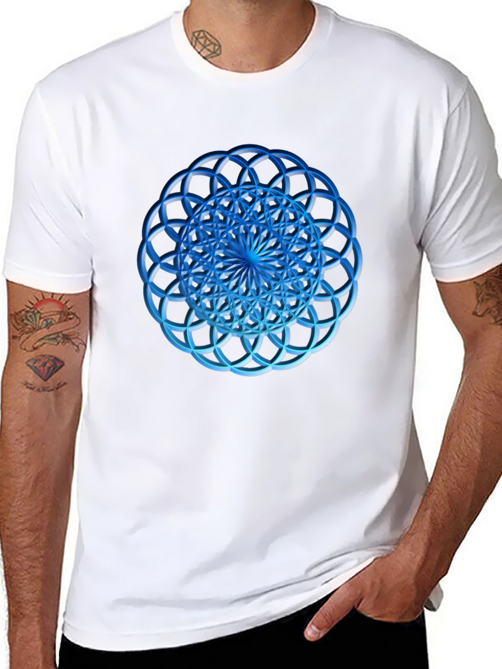 Geometric Blue Circle Design Black T-Shirt