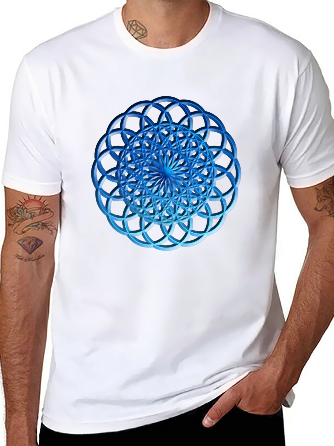 Geometric Blue Circle Design Black T-Shirt