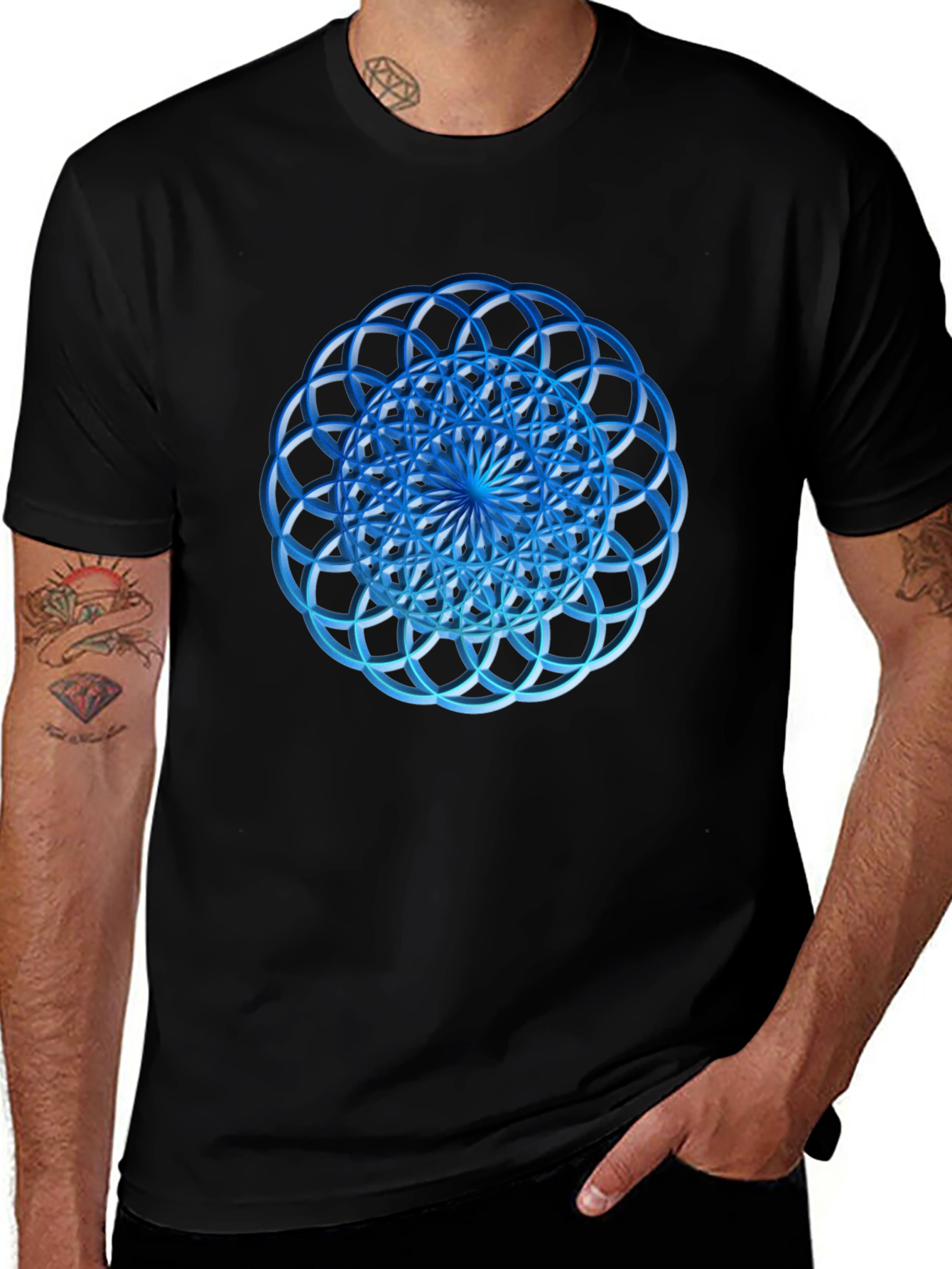 Geometric Blue Circle Design Black T-Shirt