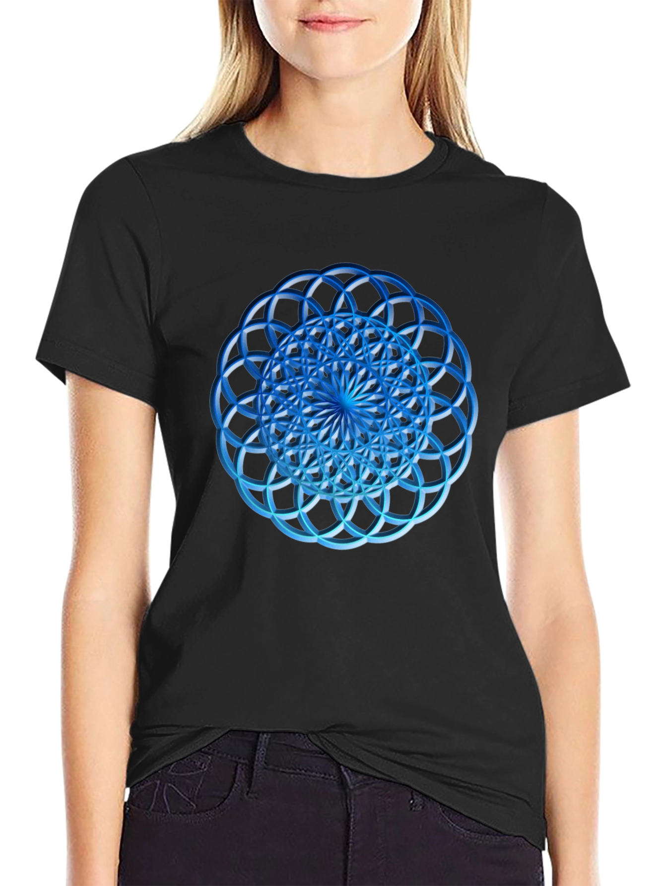Geometric Blue Circle Design Black T-Shirt