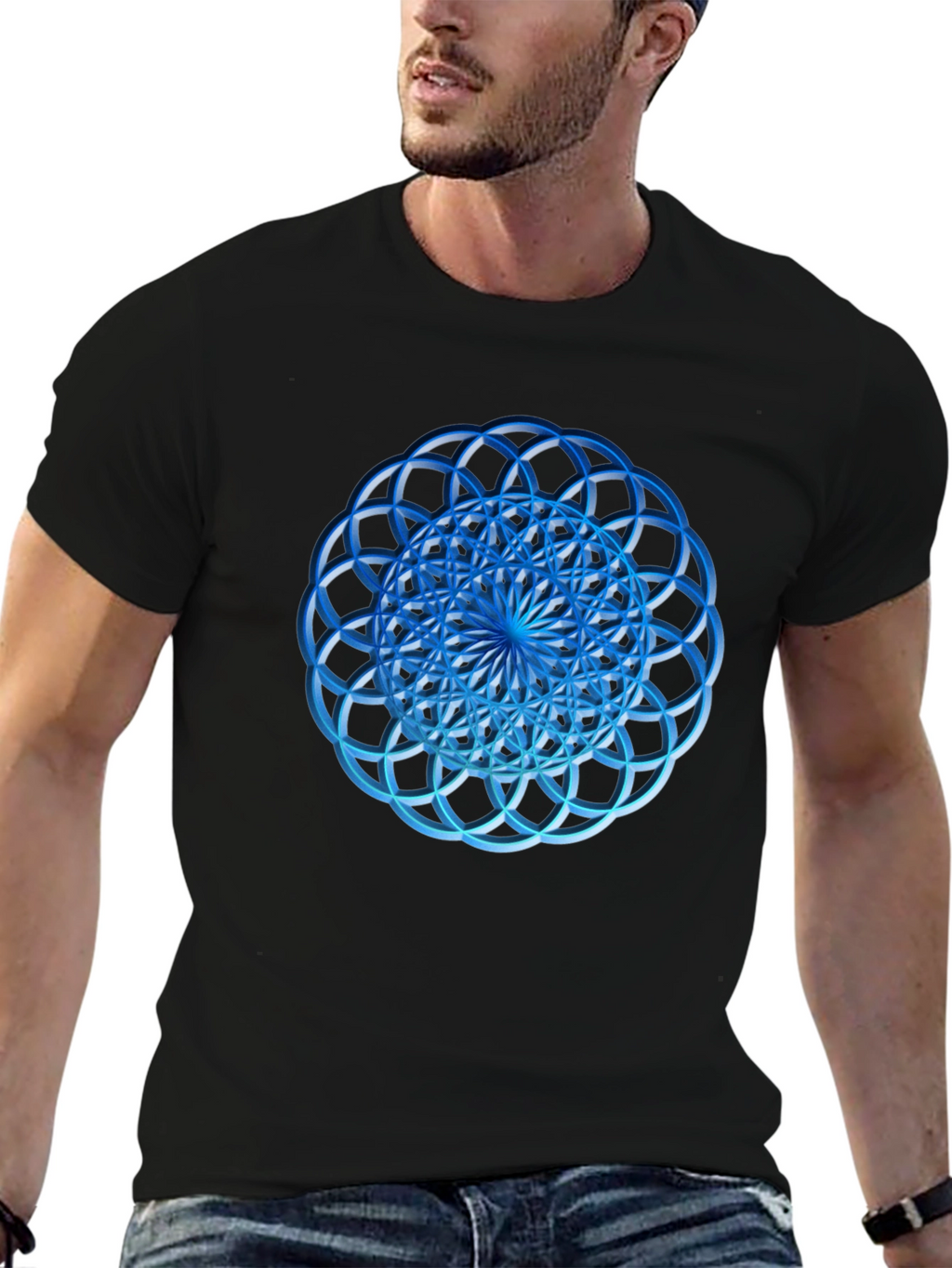 Geometric Blue Circle Design Black T-Shirt